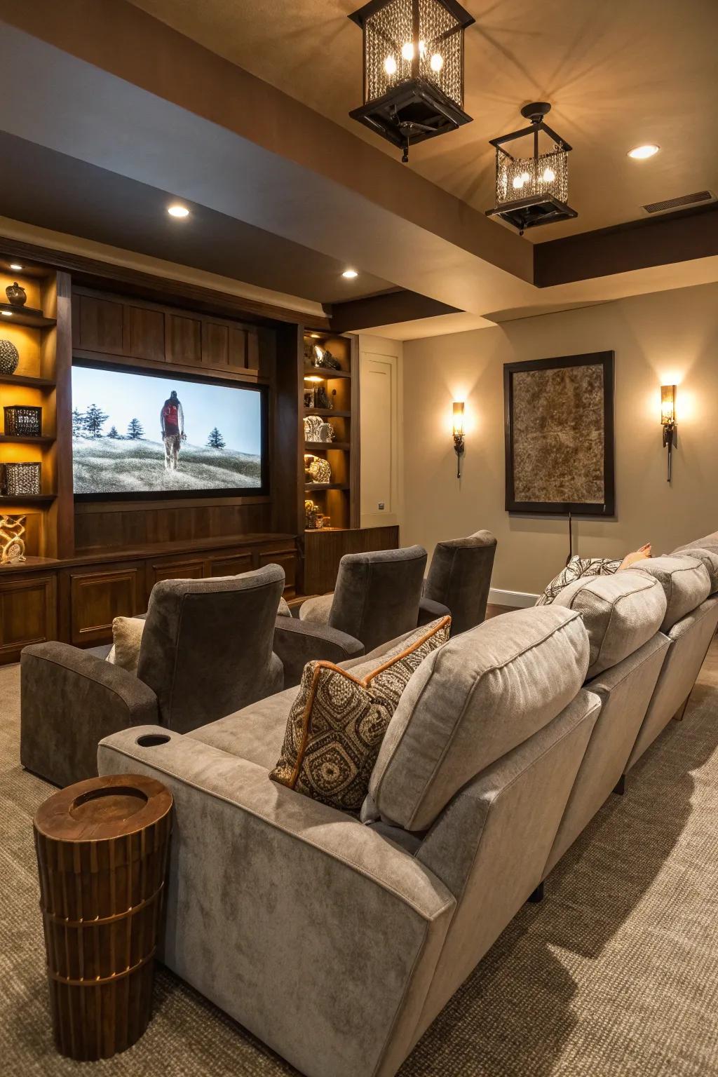 Lounge chairs introduce personal style and comfort to this home cinema.