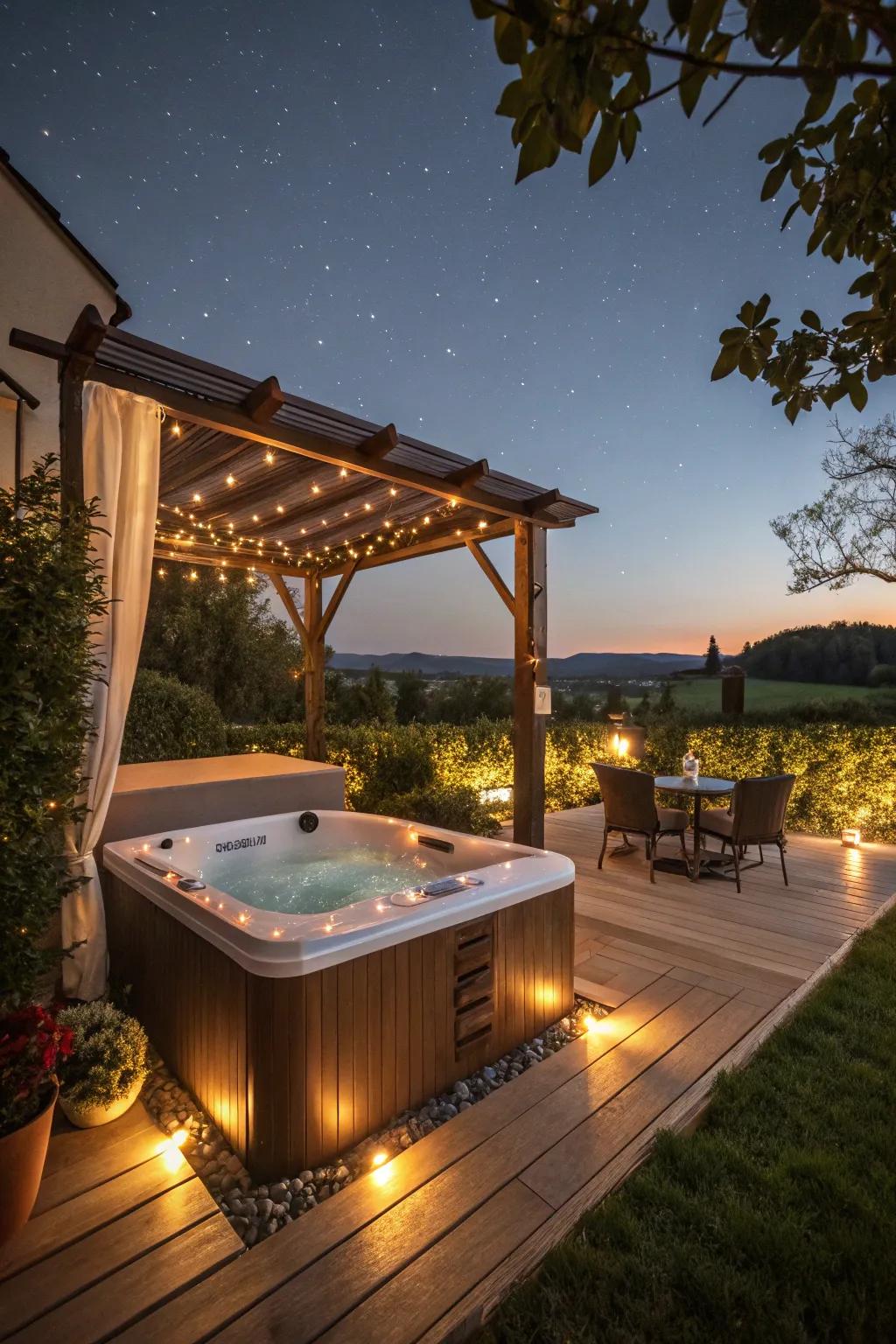 A soaking vessel furnishes warmth and relaxation on frigid evenings.