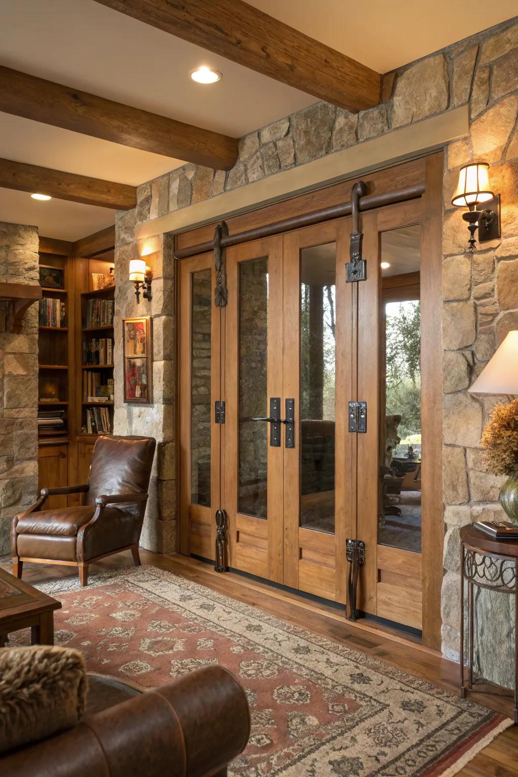 Leather band grips deliver a distinctive, tactile sensation to folding doors.