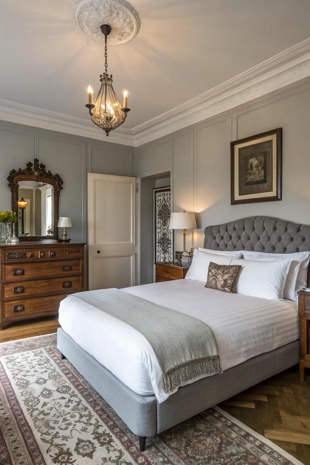 A sprawling bedroom intertwining contemporary and classic styles for a timeless aesthetic.