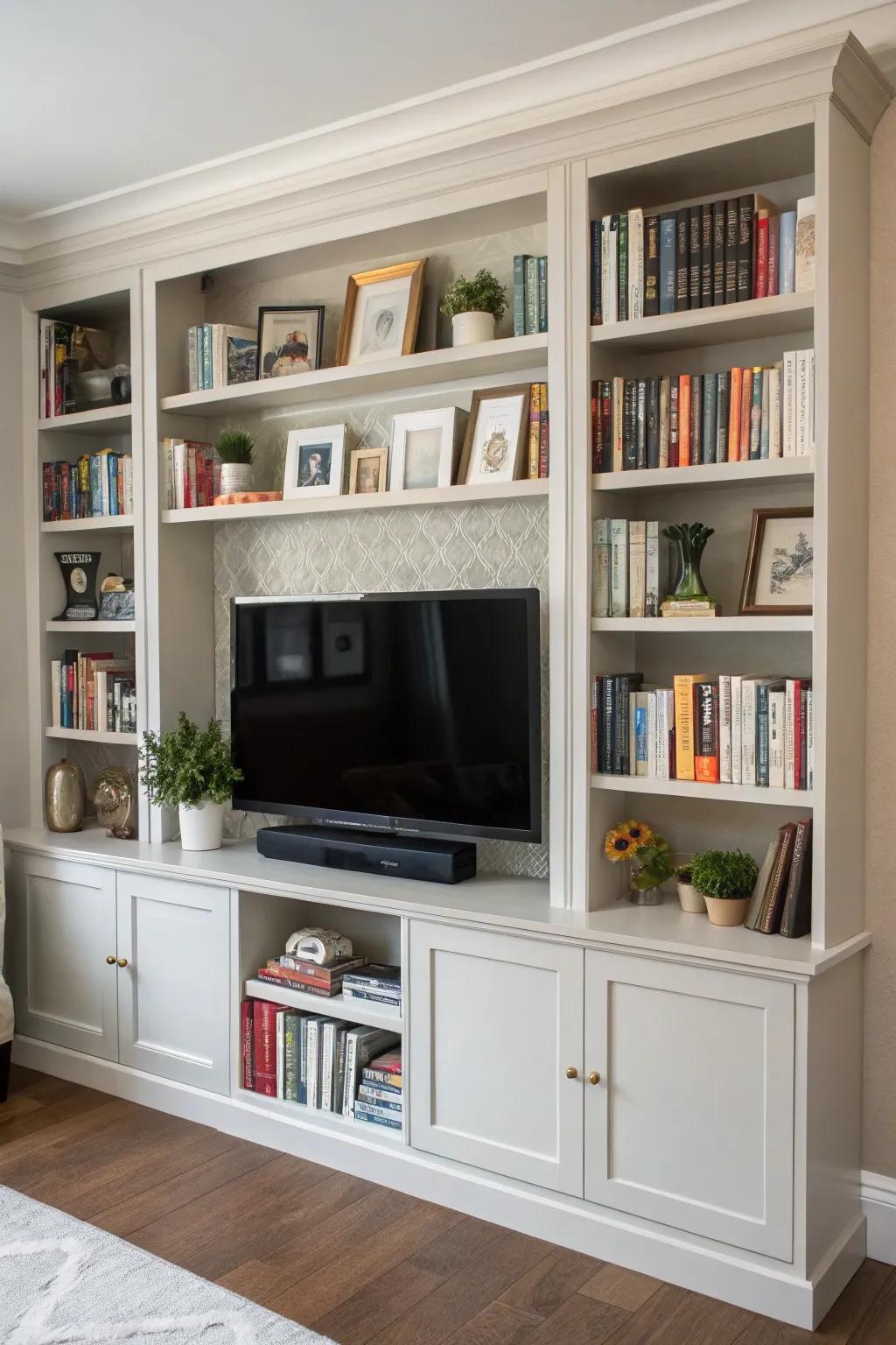 Built-in shelving presents chic storage alternatives.