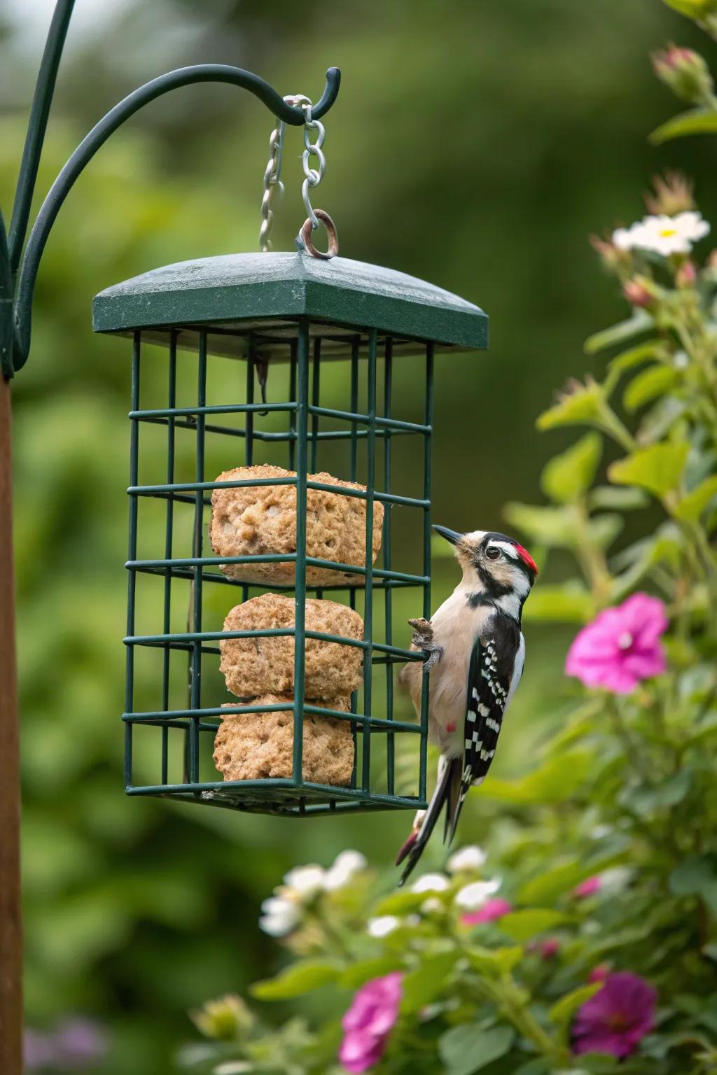 A suet cake feeder ideal for enticing woodpeckers and more.