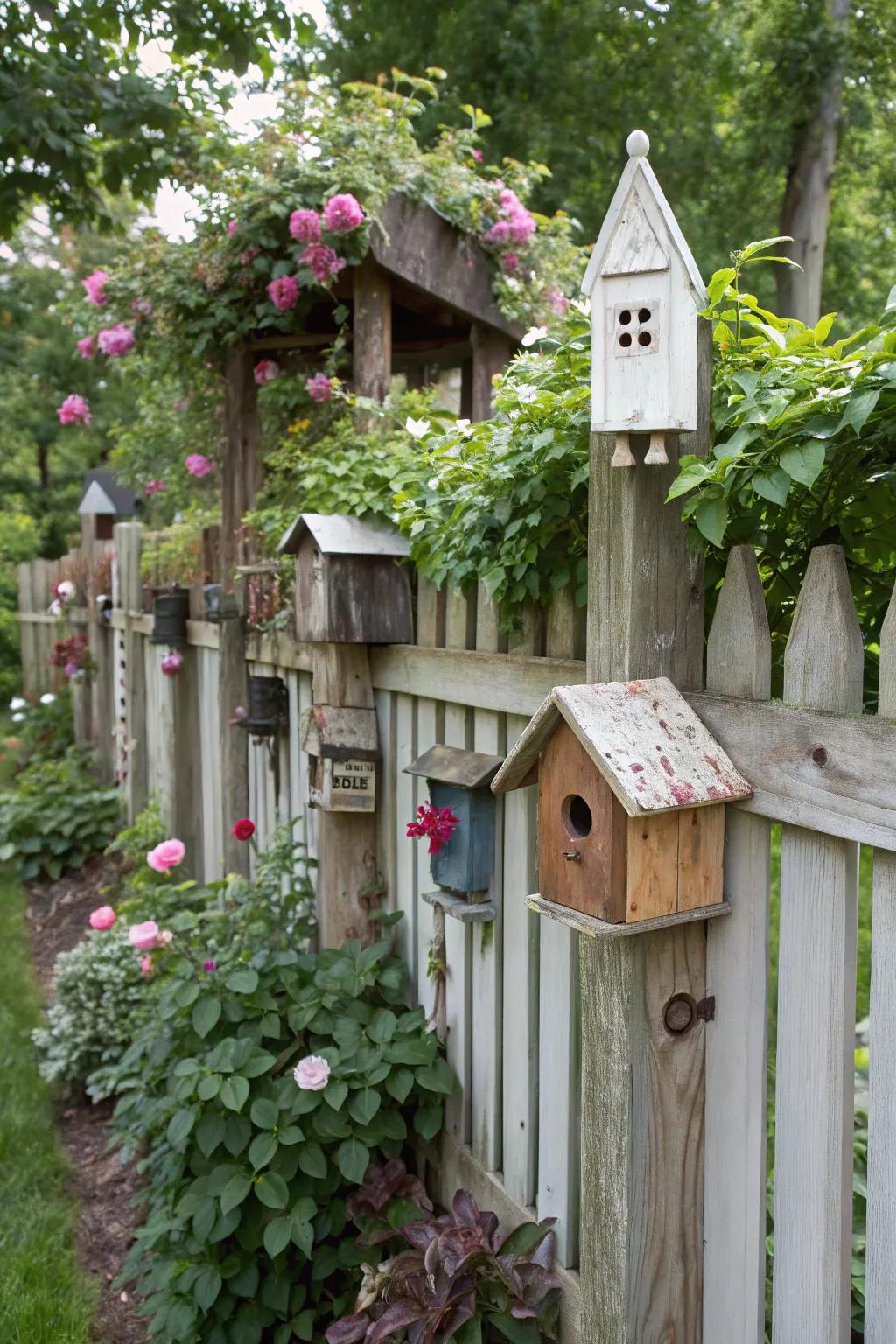 An eclectic assortment of avian dwellings cultivates an eccentric and welcoming garden fence.