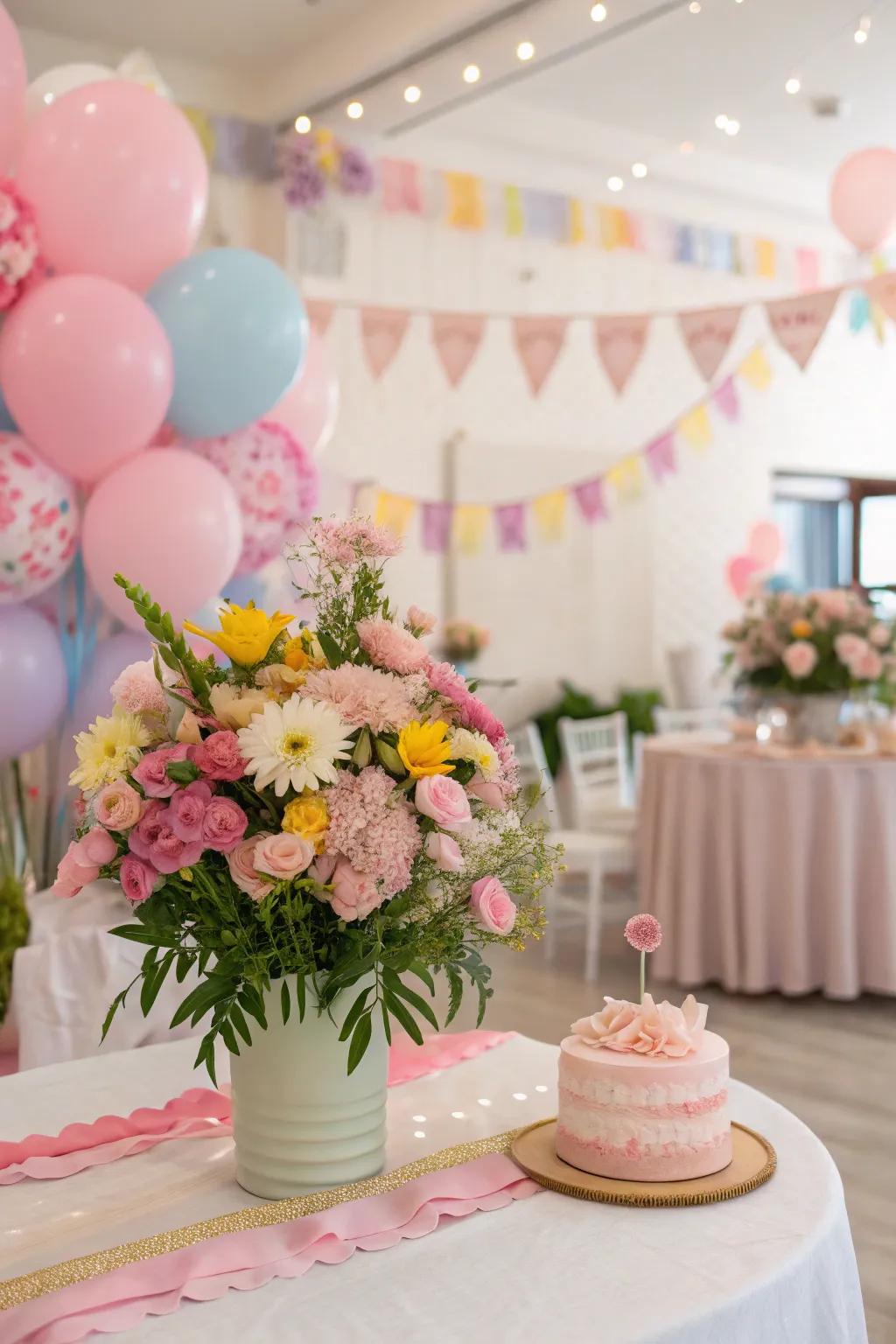 Lovely flower highlights contribute elegance to a birthday event's decor.