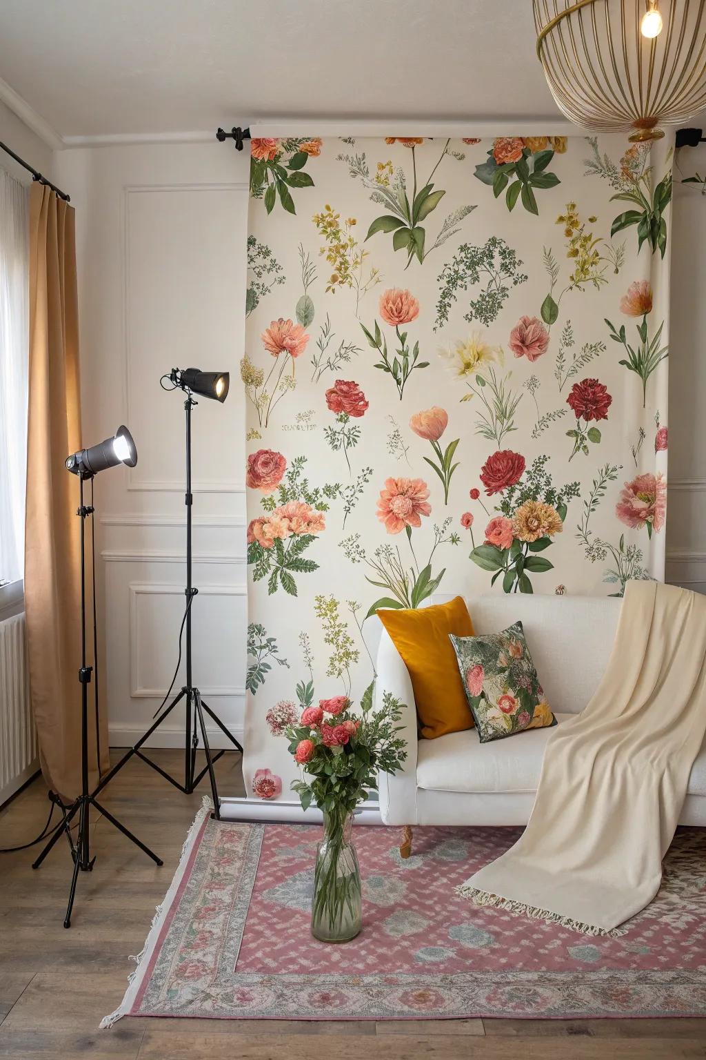 A floral wall serves as a stylish setting for taking photos within a home.