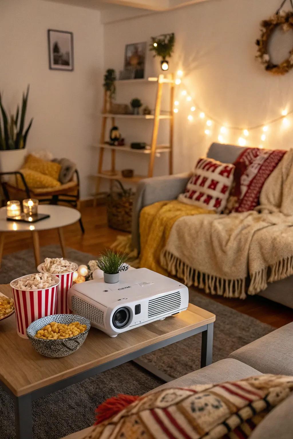A cozy movie night brings friends together for a birthday film celebration.