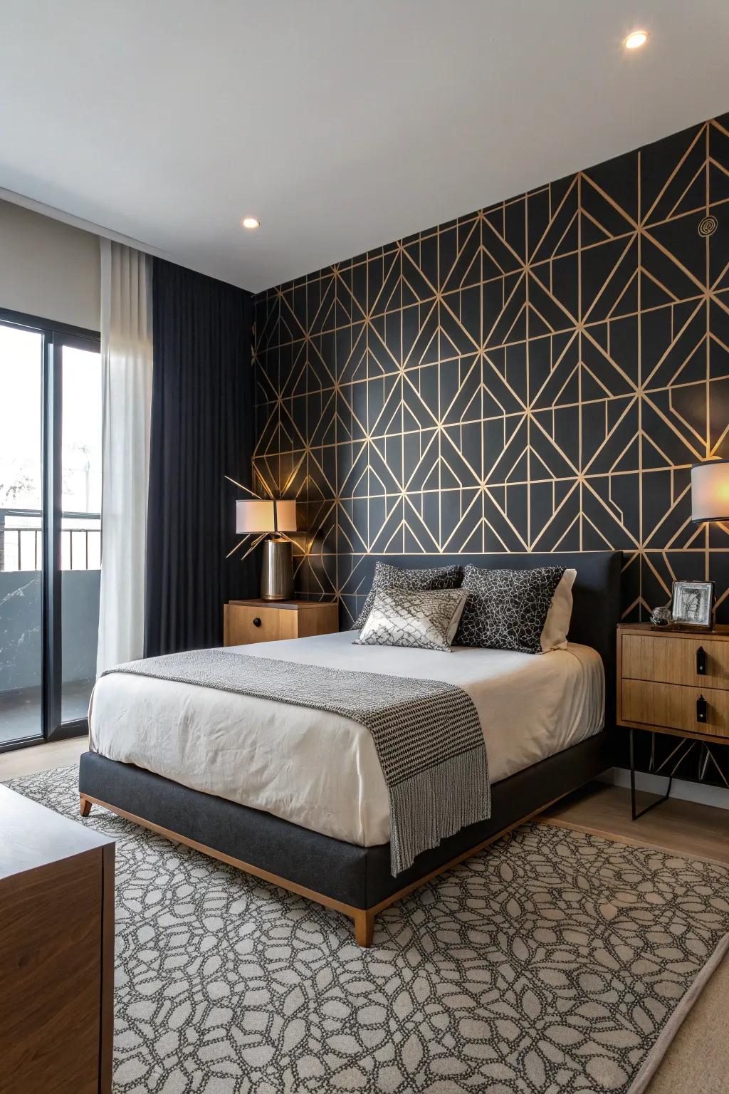 Geometric designs on a black accent wall enhance the bedroom’s modern appeal.