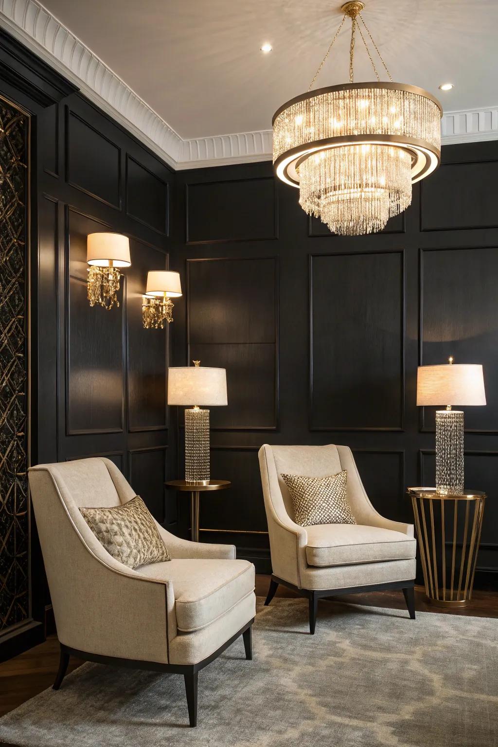 An area where fashionable illumination fixtures spotlight the stunning ebony feature wall.