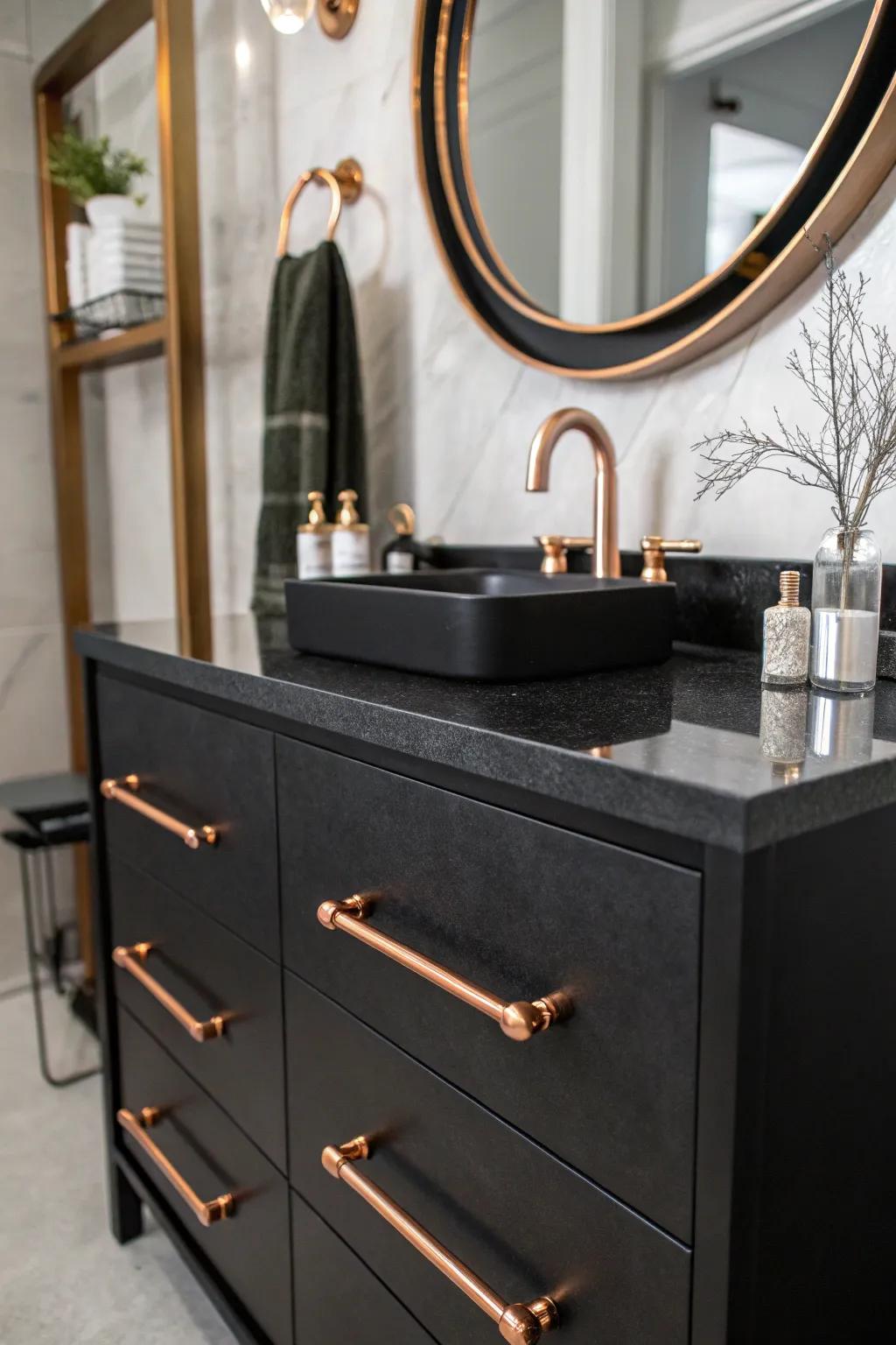 A sleek vanity with copper accents stands out in a modern bathroom.