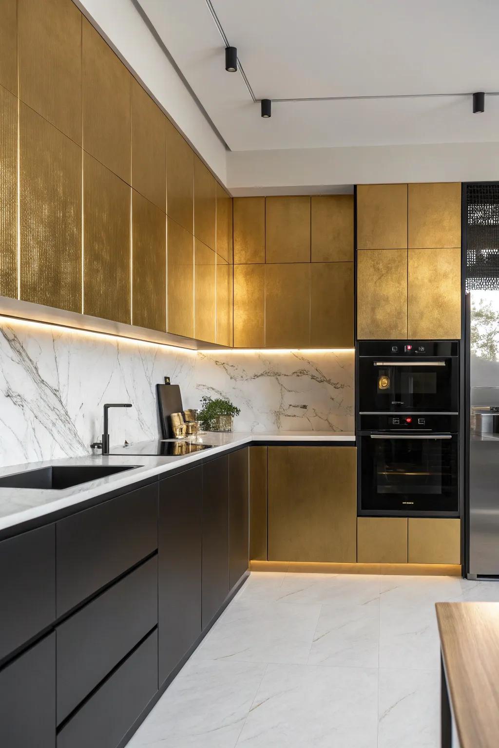Gilded defensive panels paired with dark appliances establish a striking aesthetic.