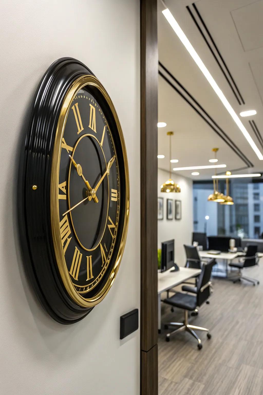 An ebony and gilded timepiece stands as a timeless enhancement to your decor.