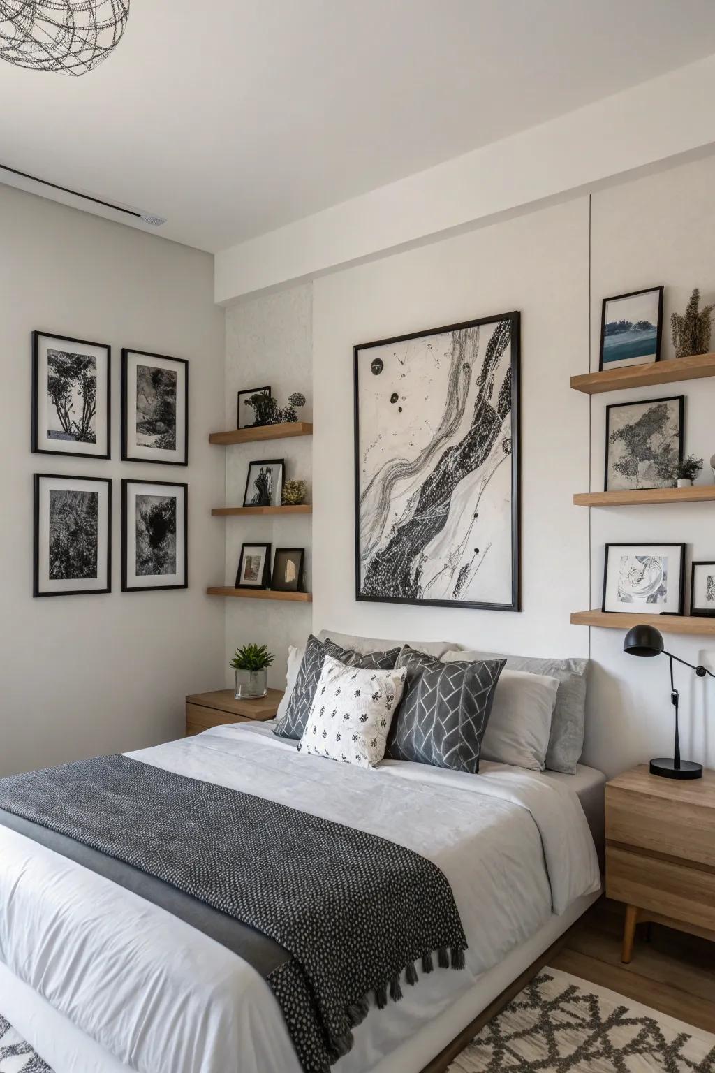A bedroom embellished with black and grey abstract art pieces.