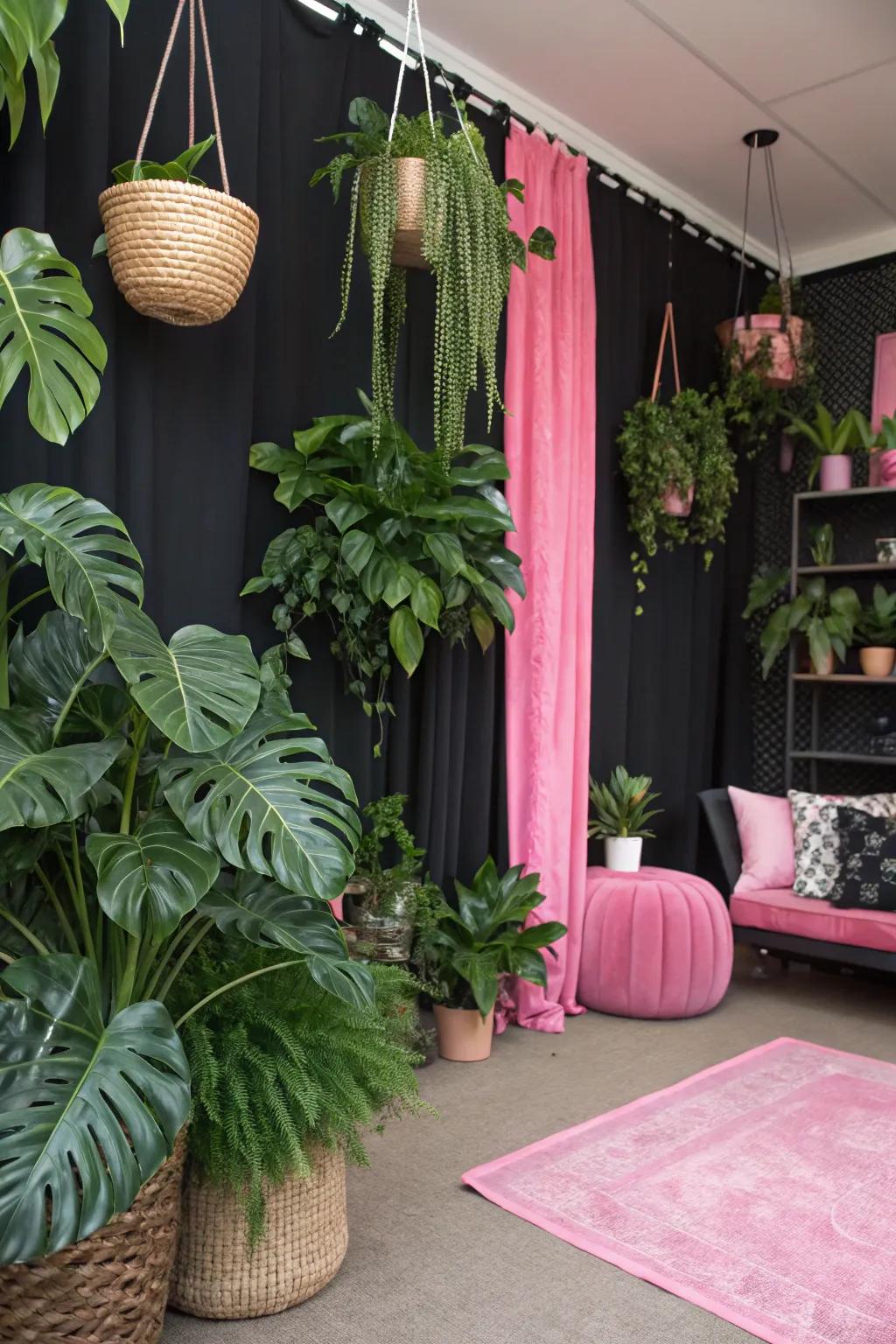 Foliage adds a refreshing contrast to the black and pink theme.