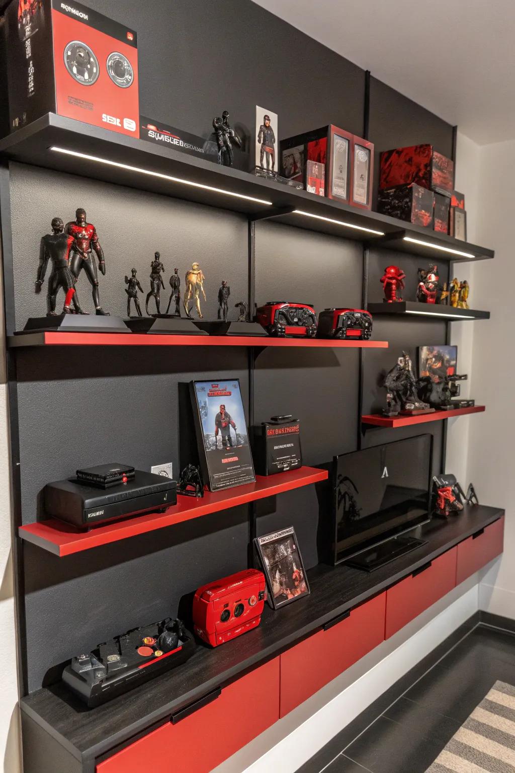 Mounted ledges in charcoal and scarlet are suited to showcase gaming memorabilia.