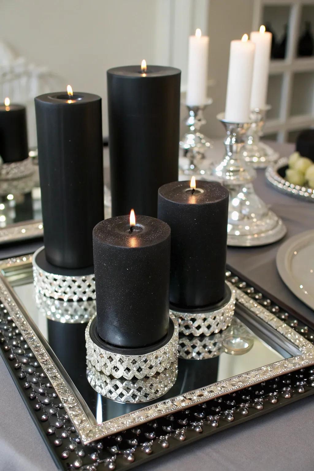 Sophisticated candle centerpieces in noir and argent.
