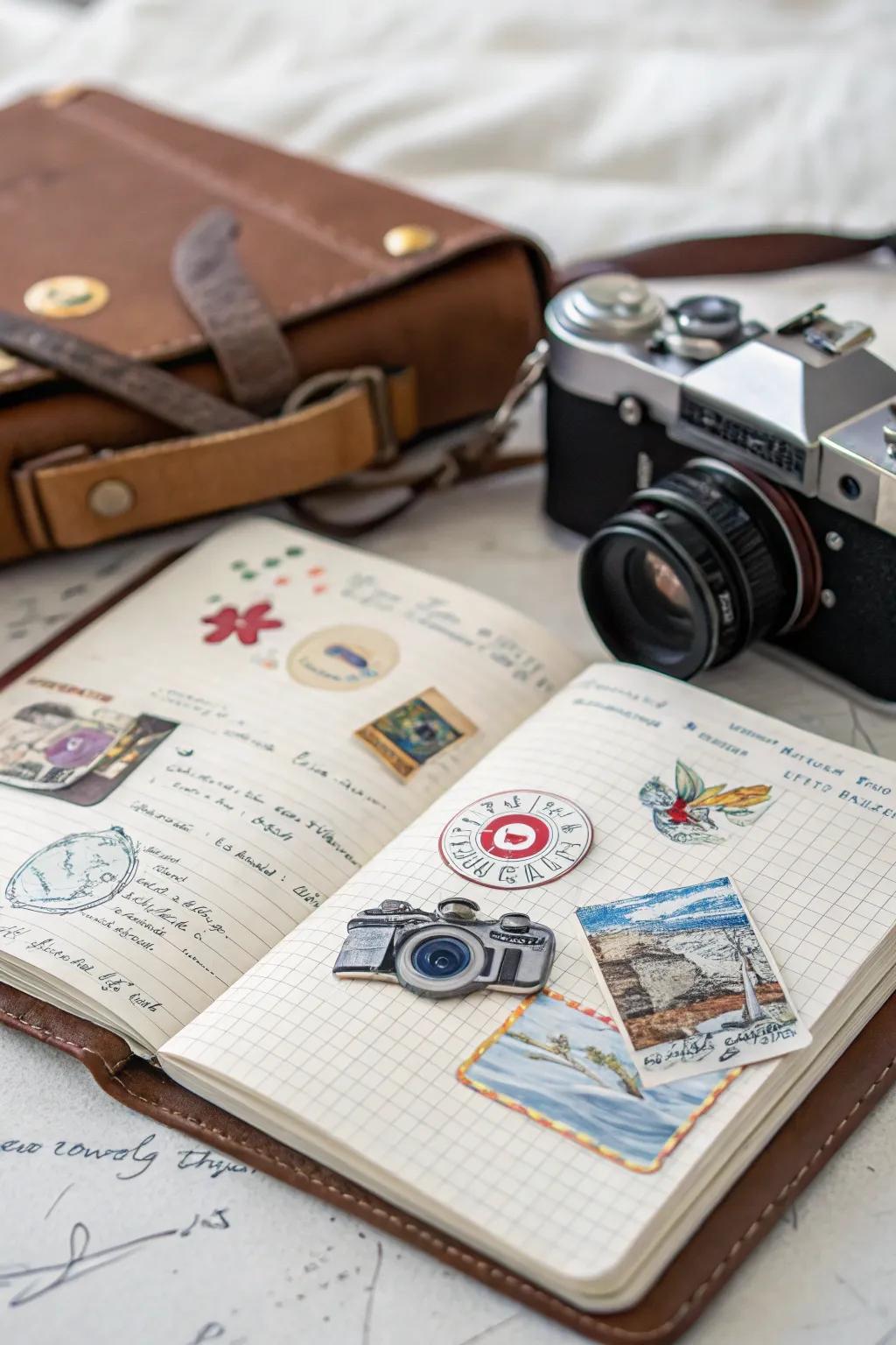 Camera stickers complementing a travel-themed journal.