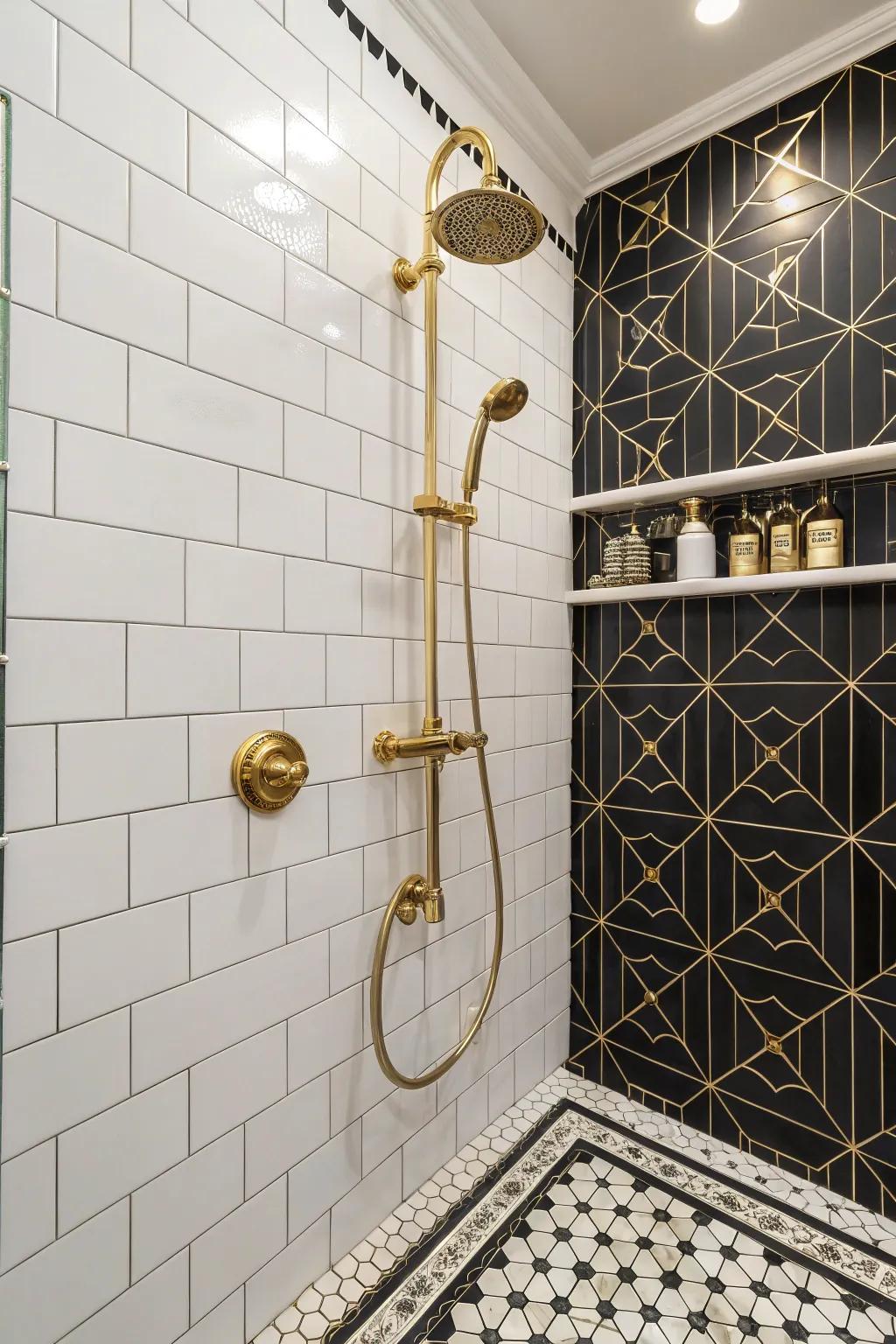 Gold embellishments introduce a touch of opulence to the shower.