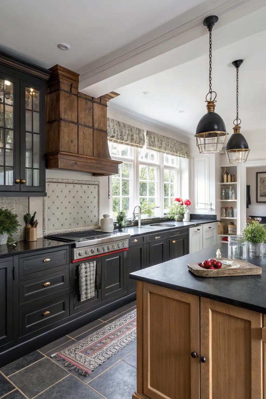 Contemporary and heritage motifs blend with ebony countertops.