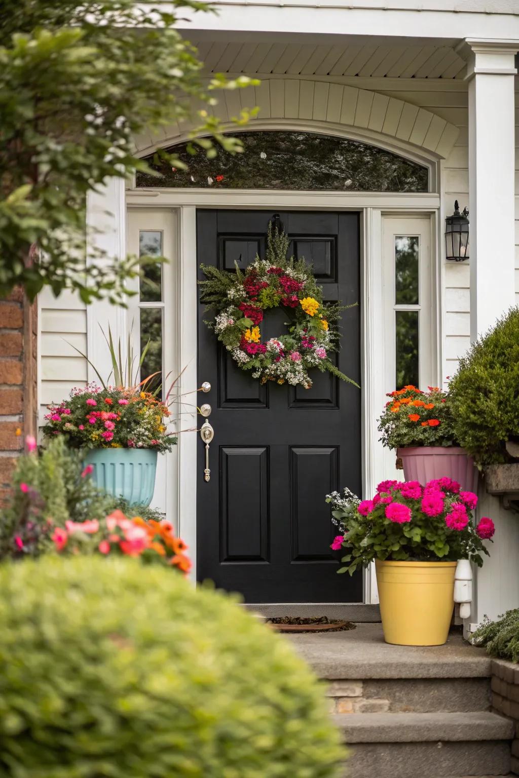 A vibrant garland and colorful containers introduce personality to an onyx door with alabaster trim.