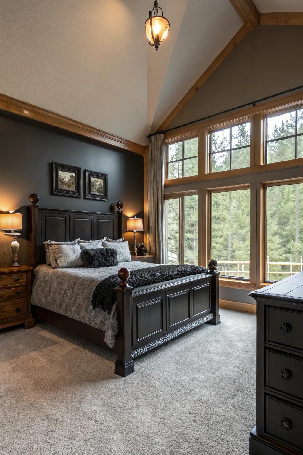 Nature-inspired wood aspects add warmth to an elegant black decor.