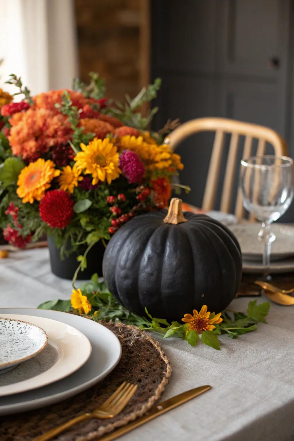 A dark-hued pumpkin ornamented with vibrant flora, fashioning a beauteous centerpiece.