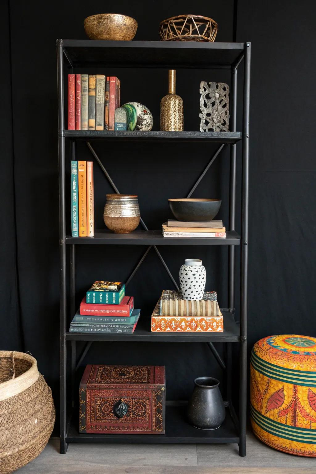 Stratified décor pieces enhancing a black shelf with profoundness.