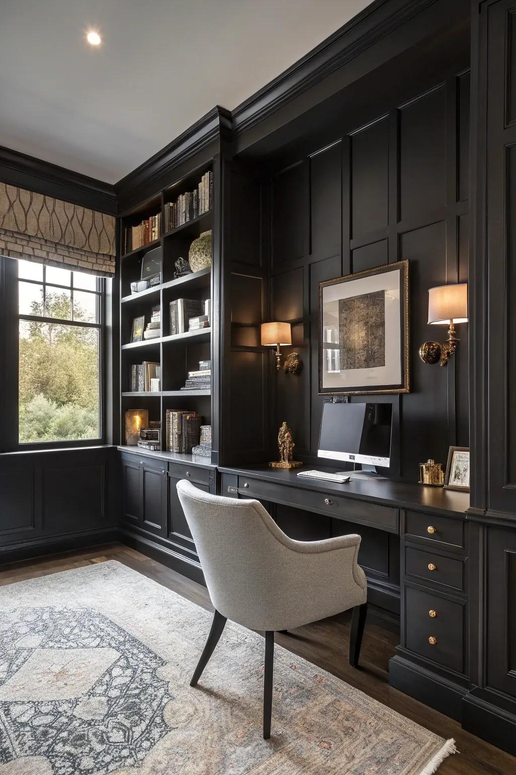 Domicile work area with character-enhancing dark wainscoting.