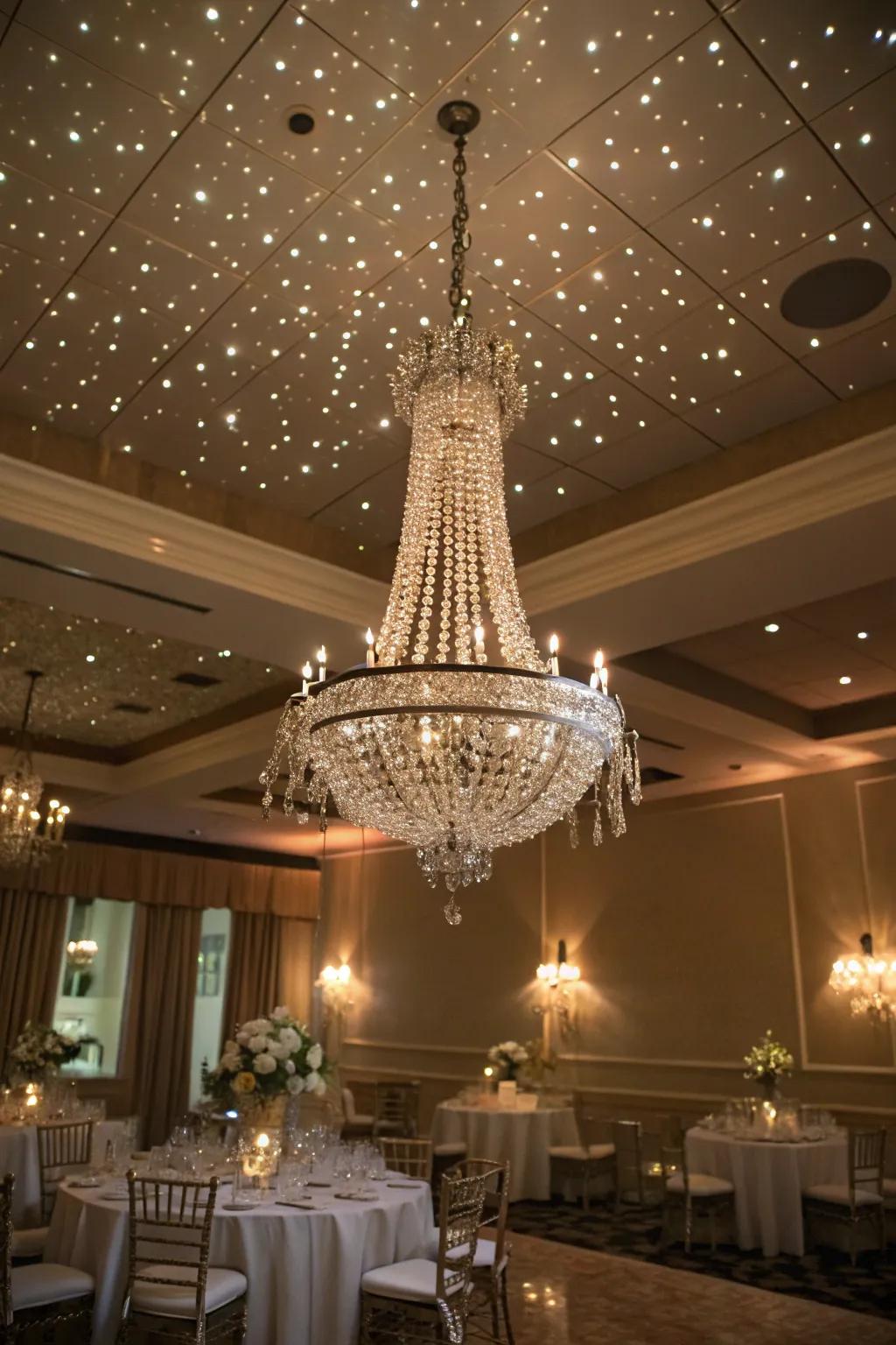 Crystal chandeliers saturating the space with radiance.