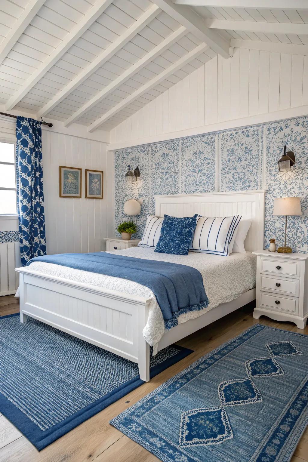 Multi-layered sensations add depth and comfort to a blue and white bedroom.