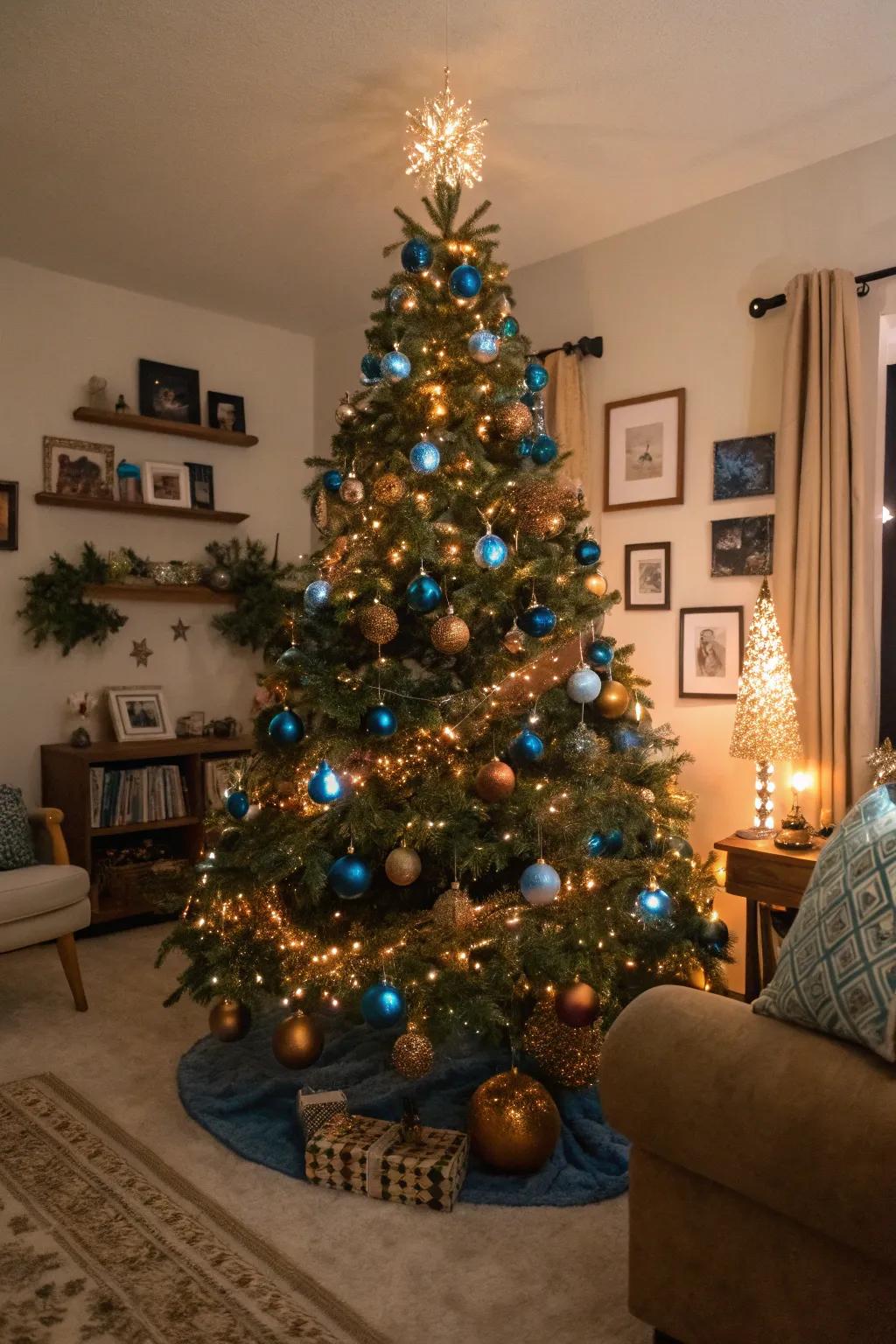 A warm and inviting blue and bronze Christmas tree design.