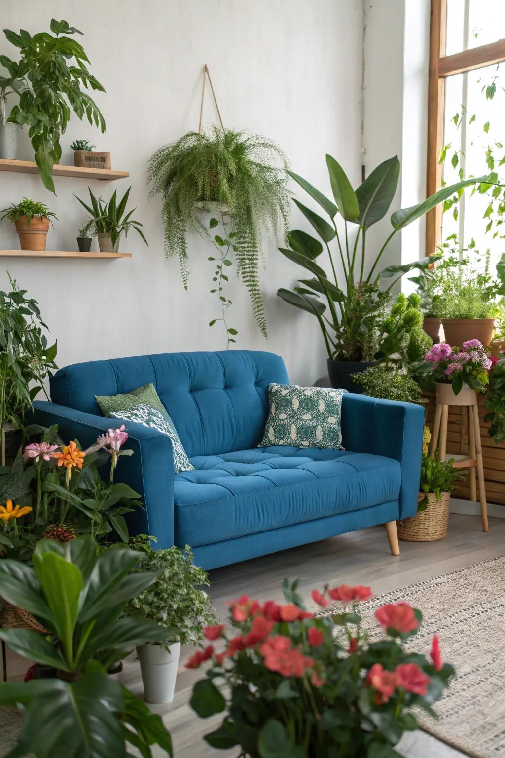 The living room arrangement gains life and vibrancy from greenery.