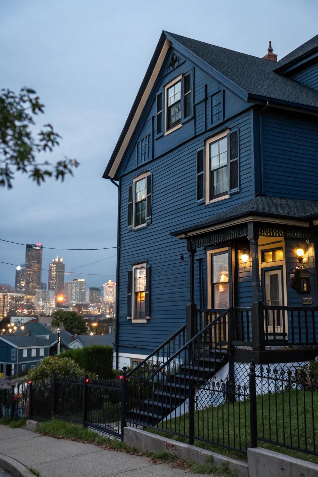 Dark features create a striking contrast on blue exteriors.