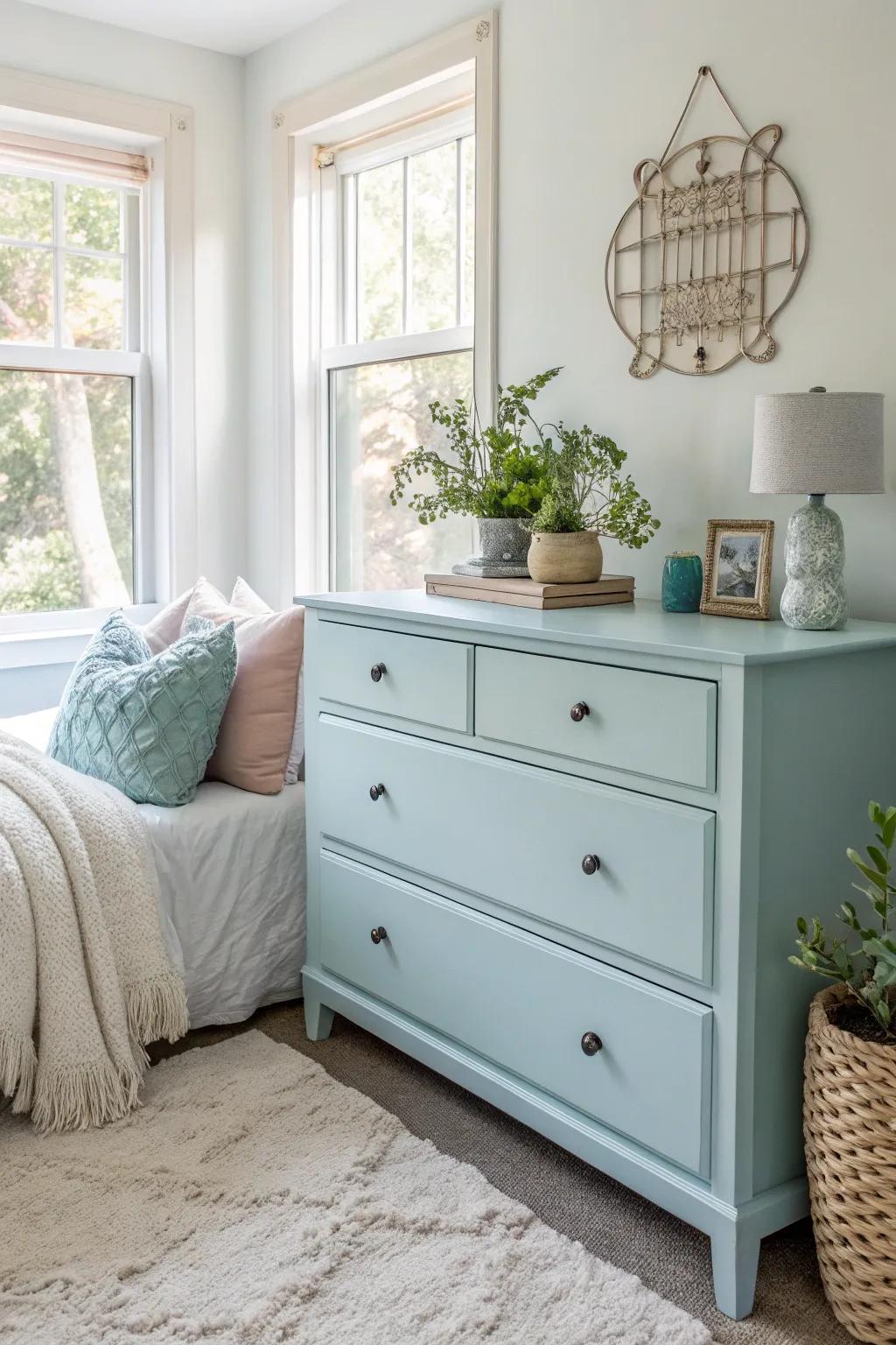 A pastel blue dresser imparting a serene touch to a tranquil bedroom.