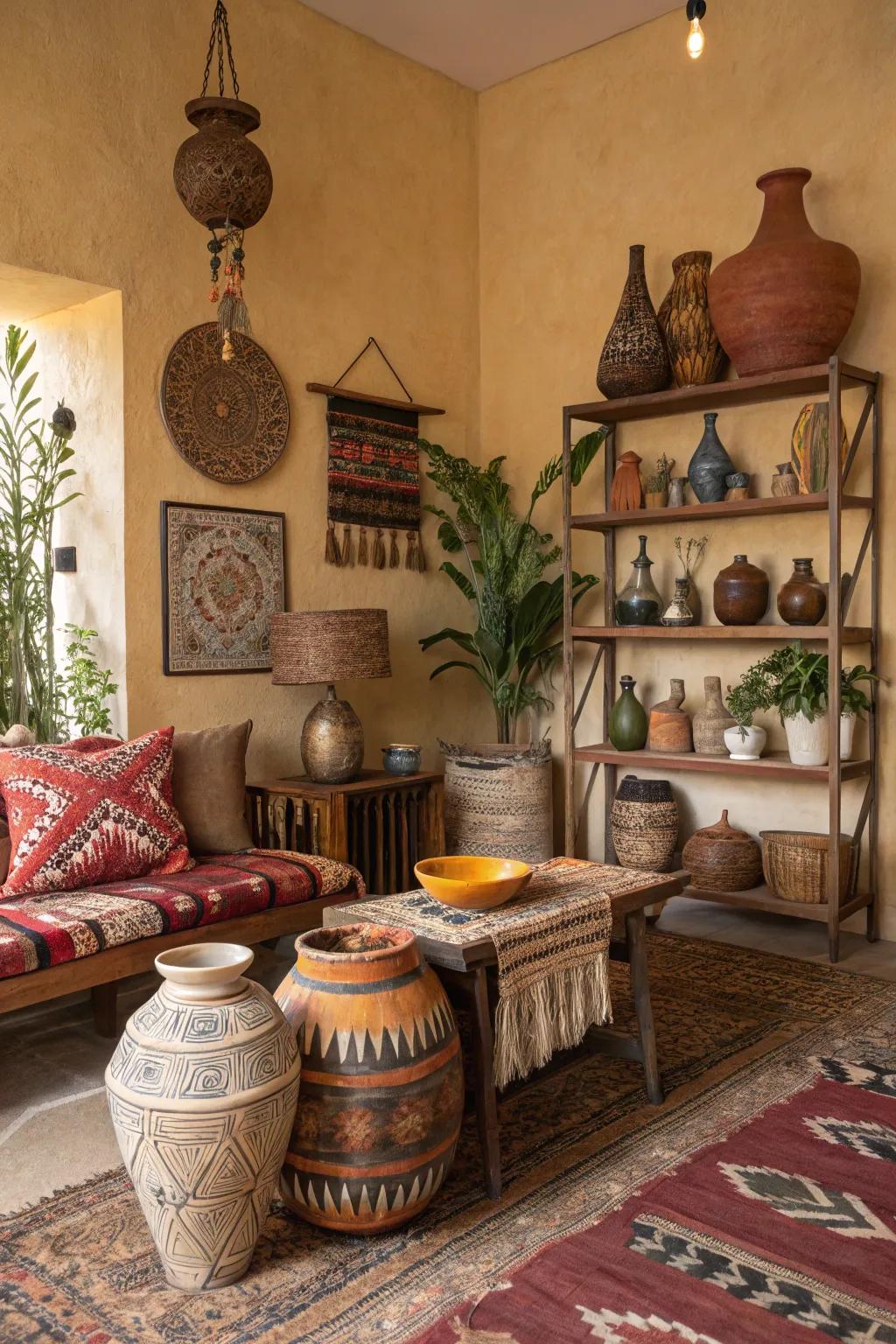 A display of distinct handcrafted items in a bohemian setting.