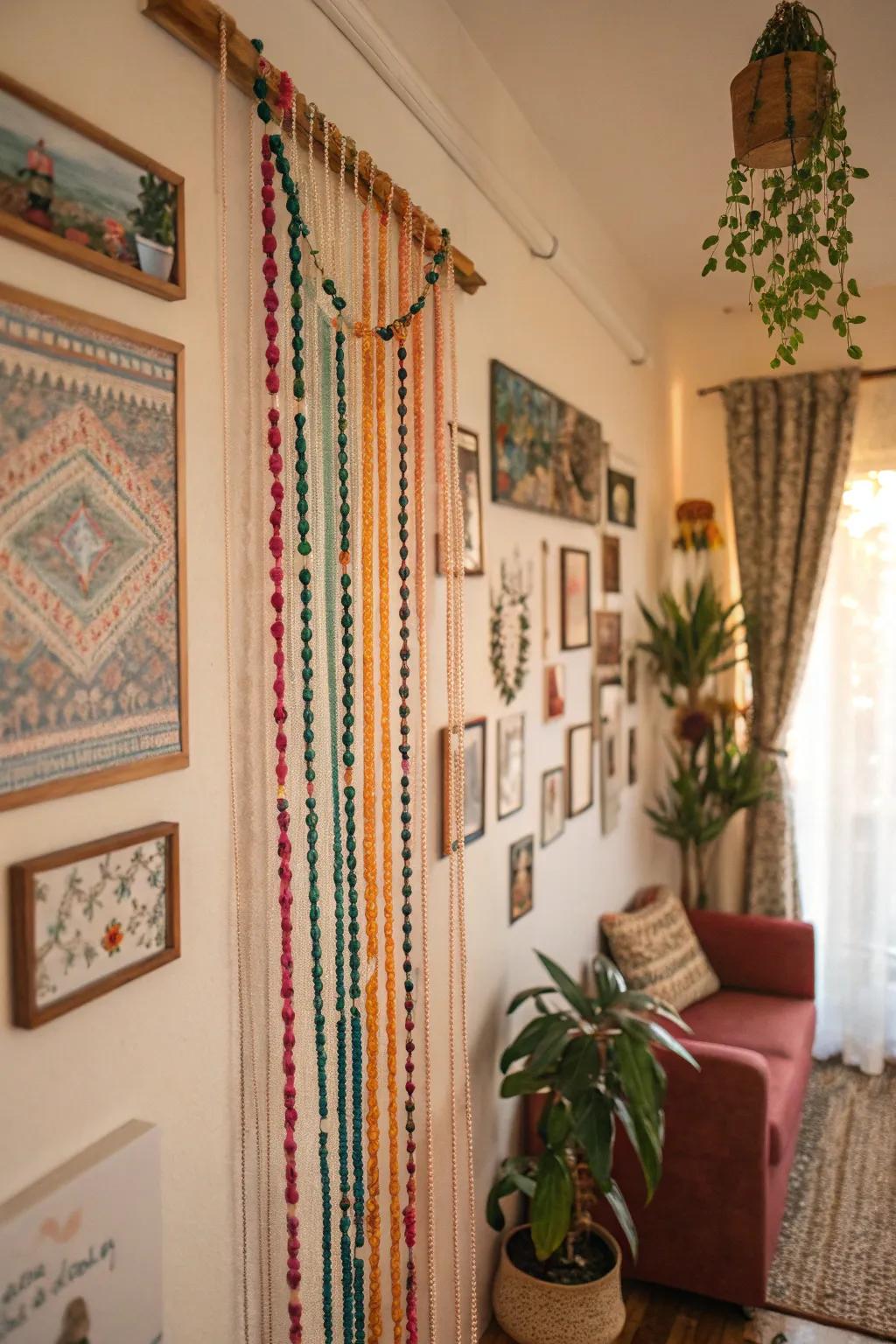 A playful and artistic mood is brought into the bohemian wall through the addition of beaded curtains.