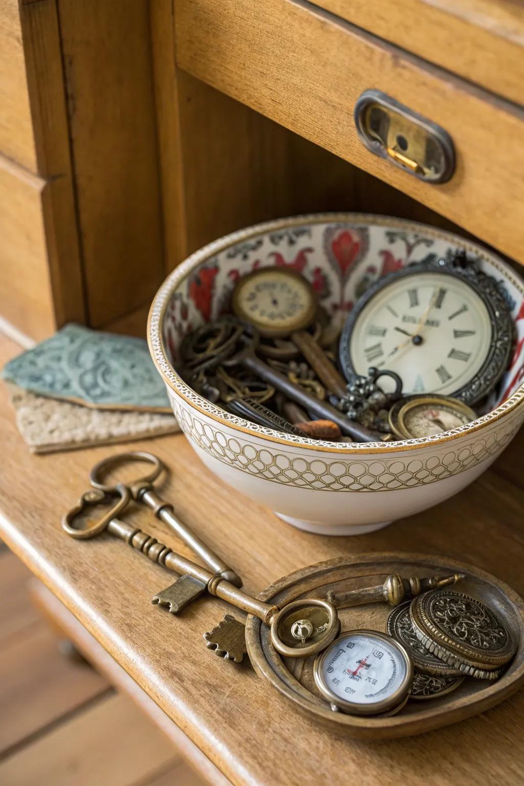 A vintage-inspired bowl showcasing antique keys and watches for a nostalgic flair