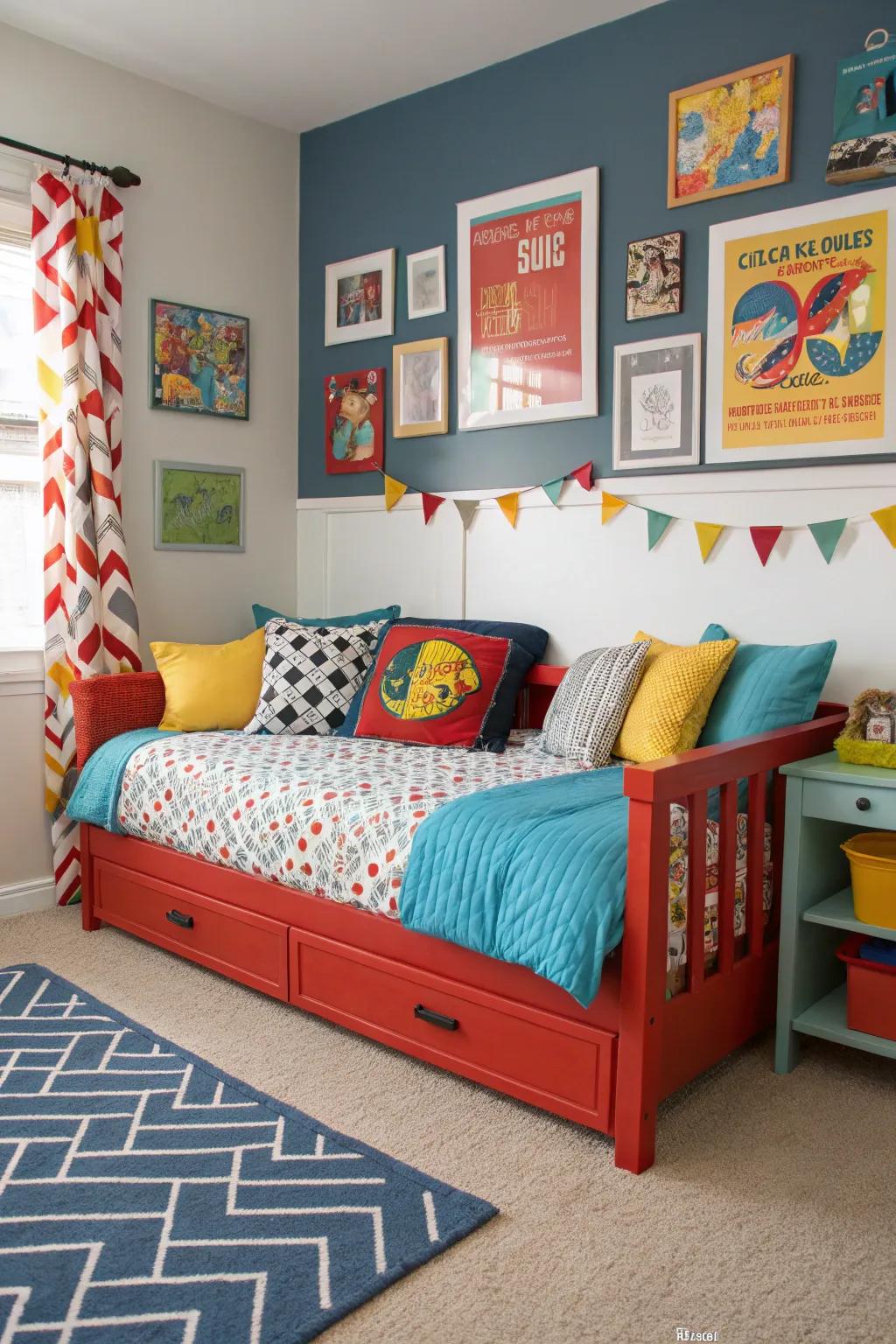 Striking tonal emphases can convert a daybed area into an animated space.