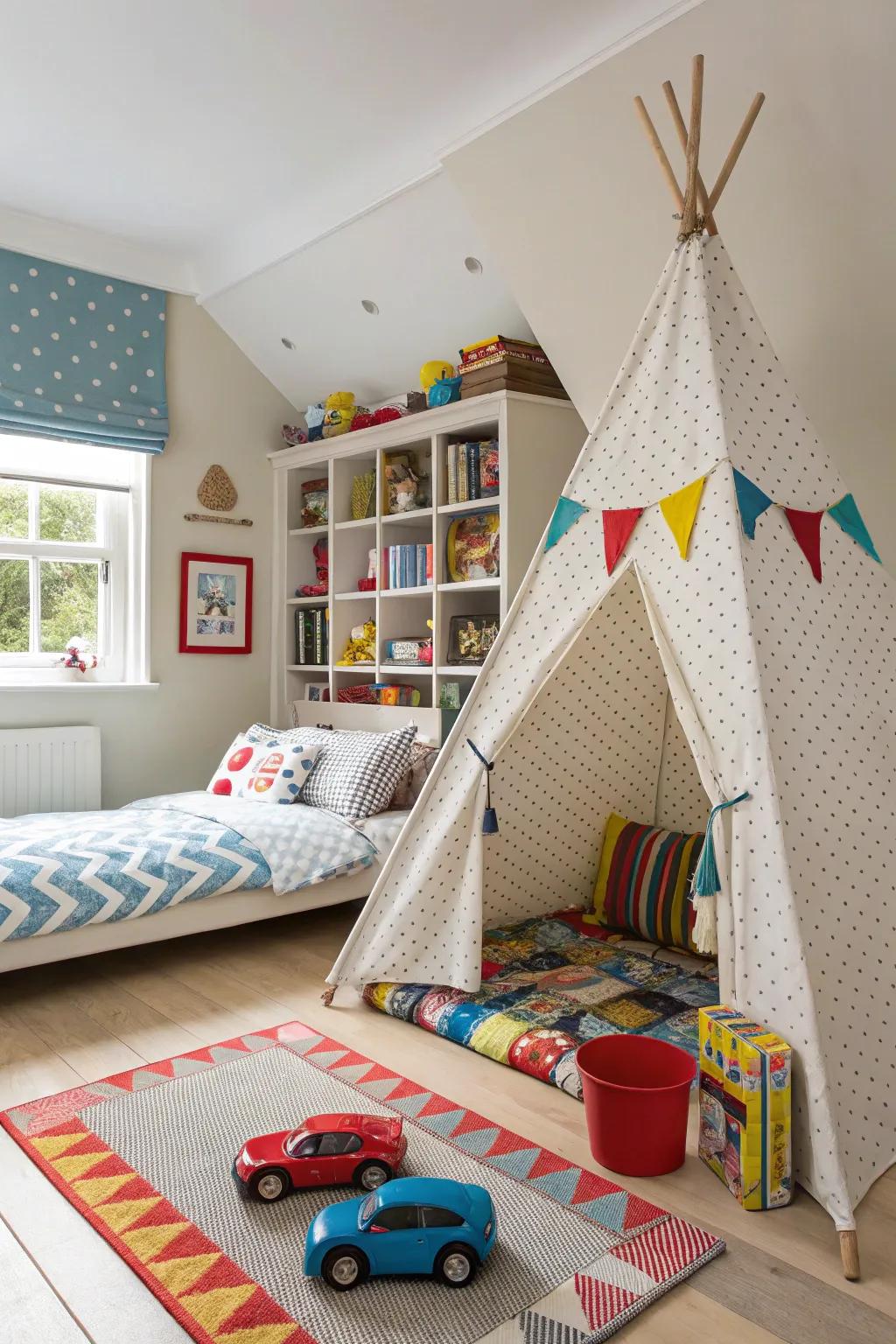 Playful components encourage creativity and amusement in a boy's bedroom.