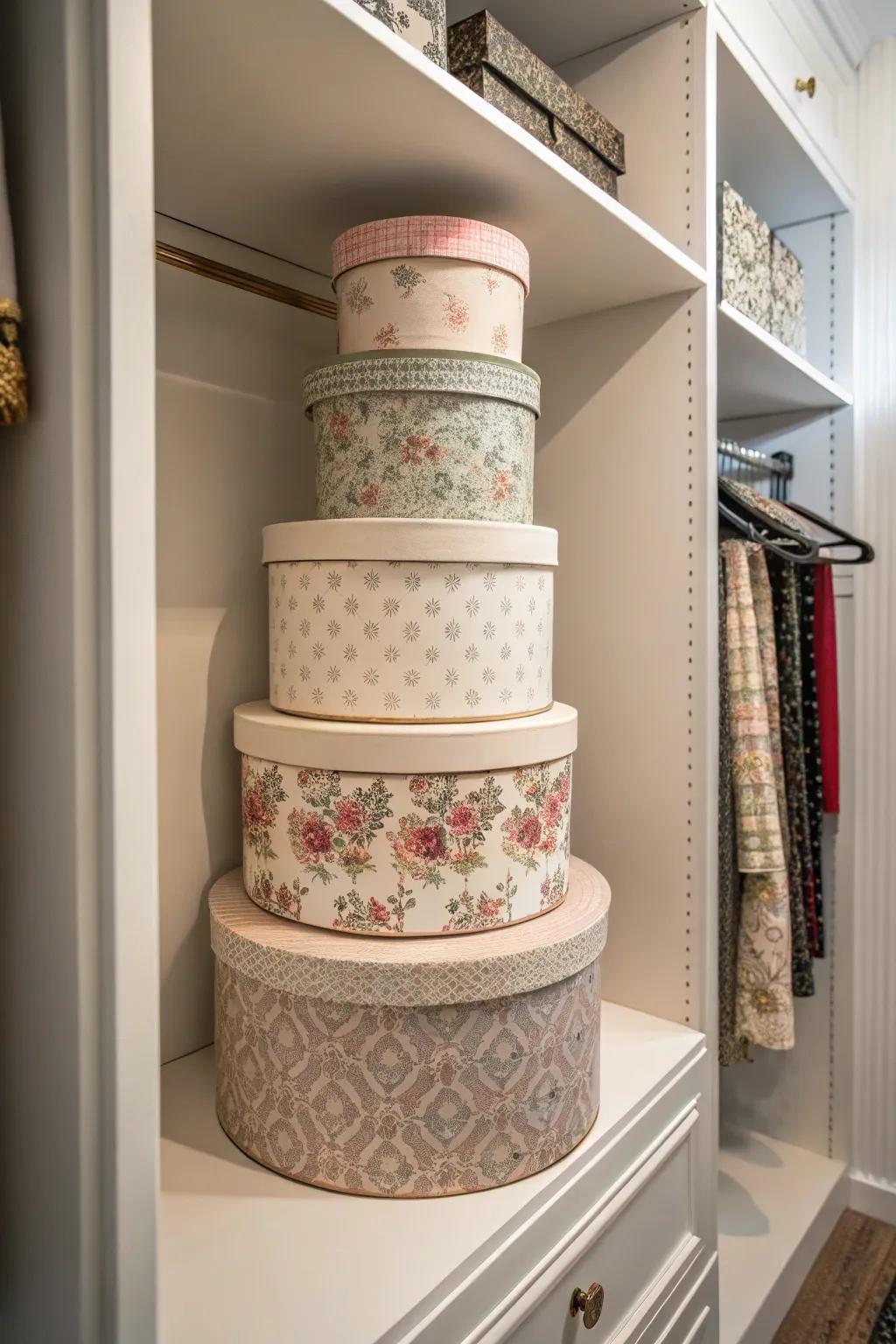 Incorporate a touch of vintage elegance through millinery box storage for undergarments.
