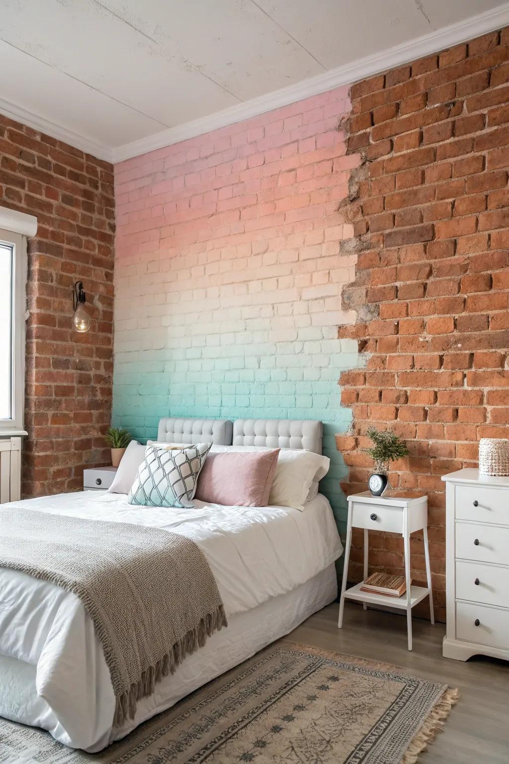 A pastel gradient mural imparts a soothing air to a brick wall.