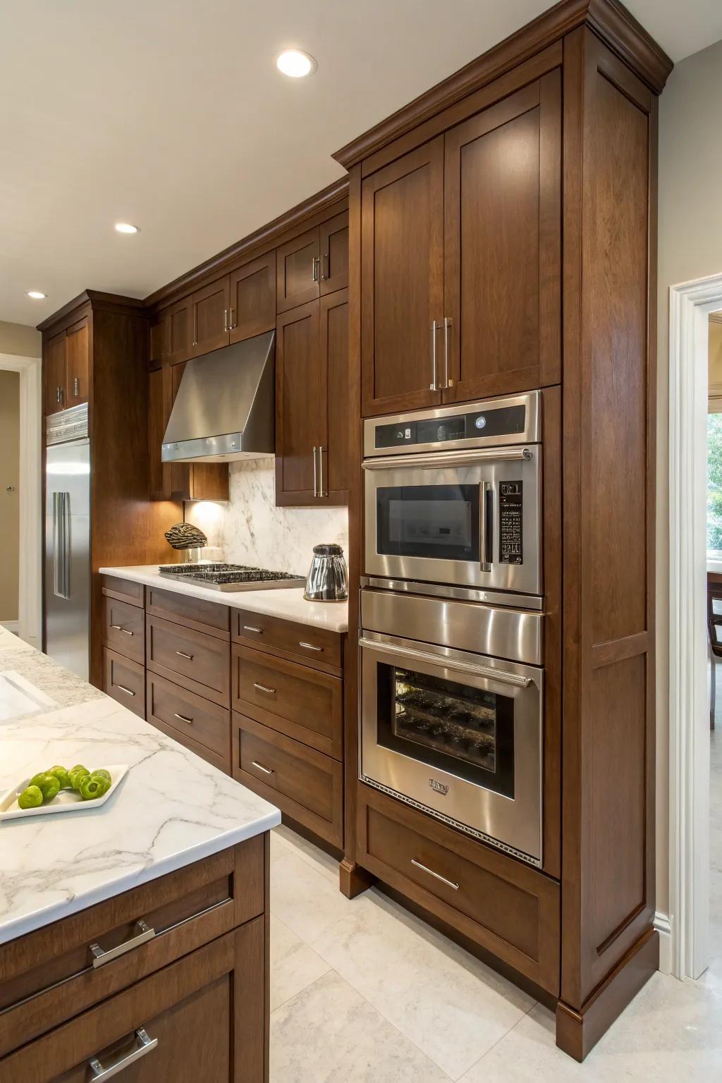 Elegant culinary layout featuring a microwave covered by bi-fold cabinet accesses.