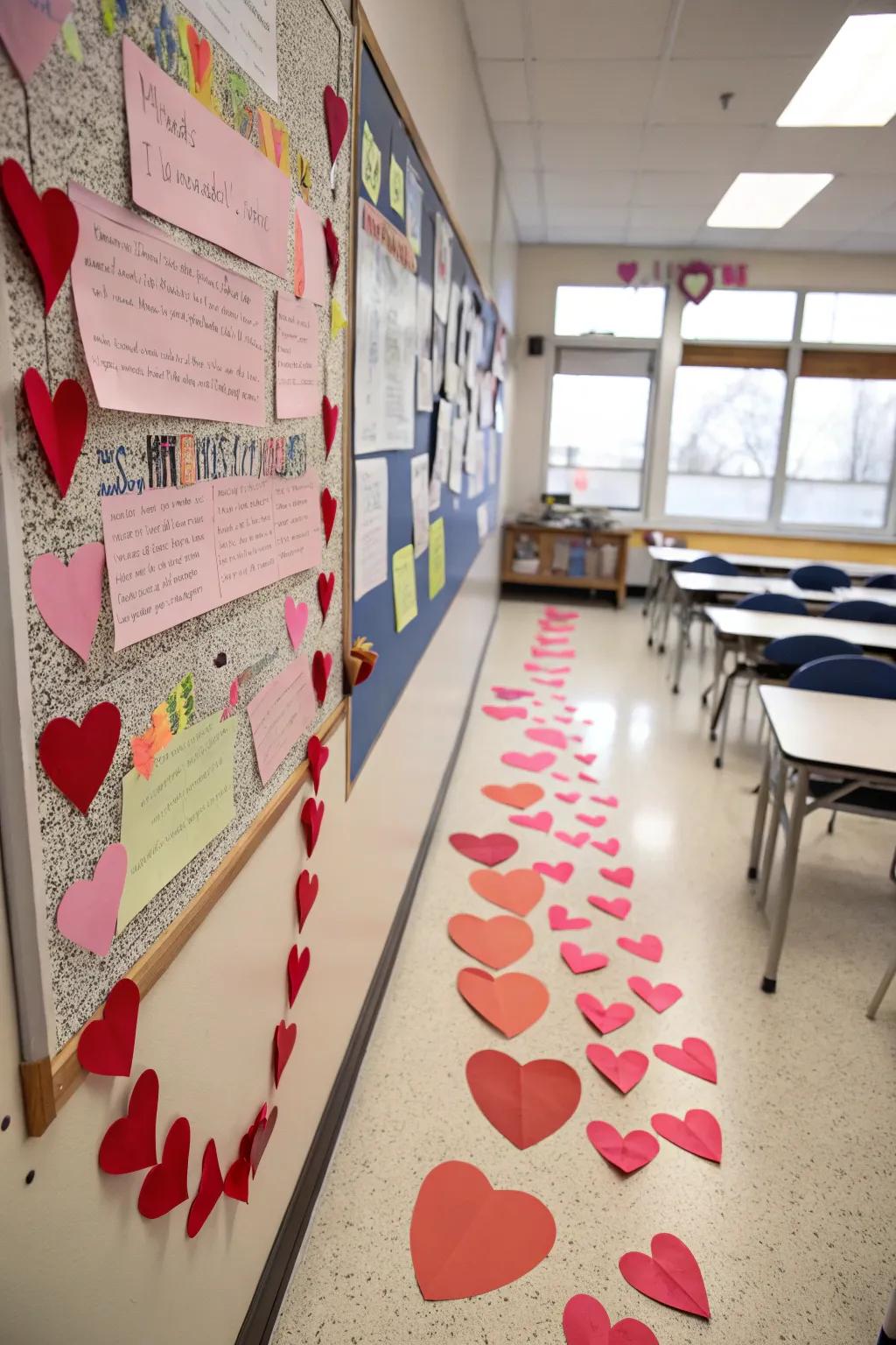 A trail of paper hearts culminating in a pivotal heart of gratitude.
