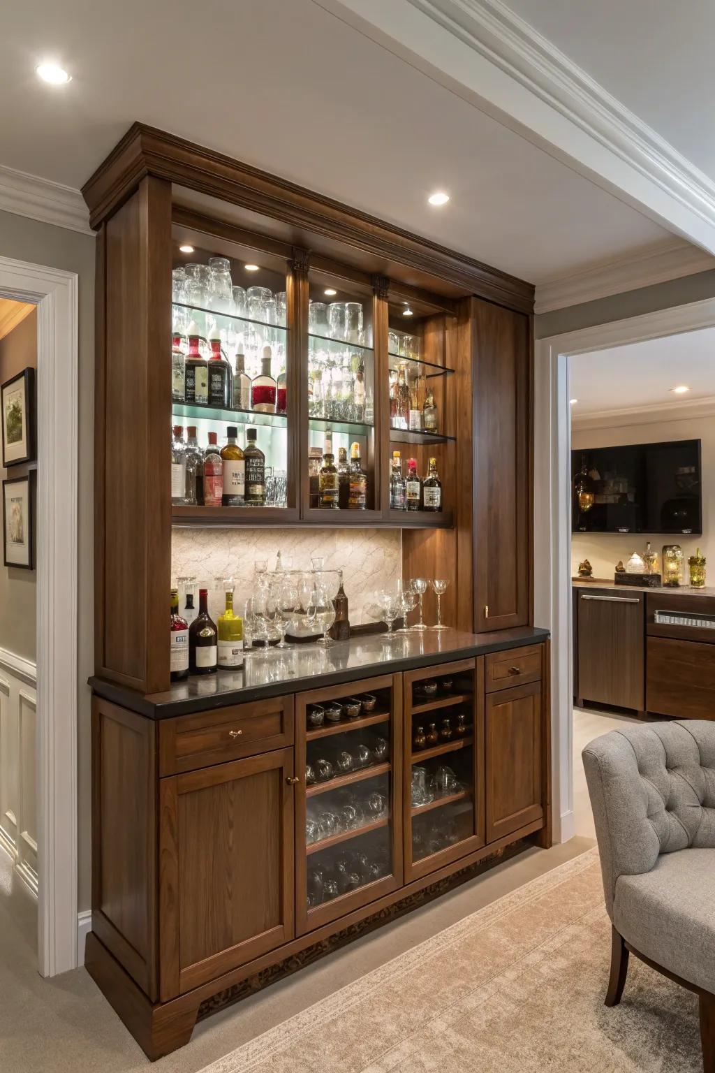A concealed bar imparts an element of astonishment and practical utility.