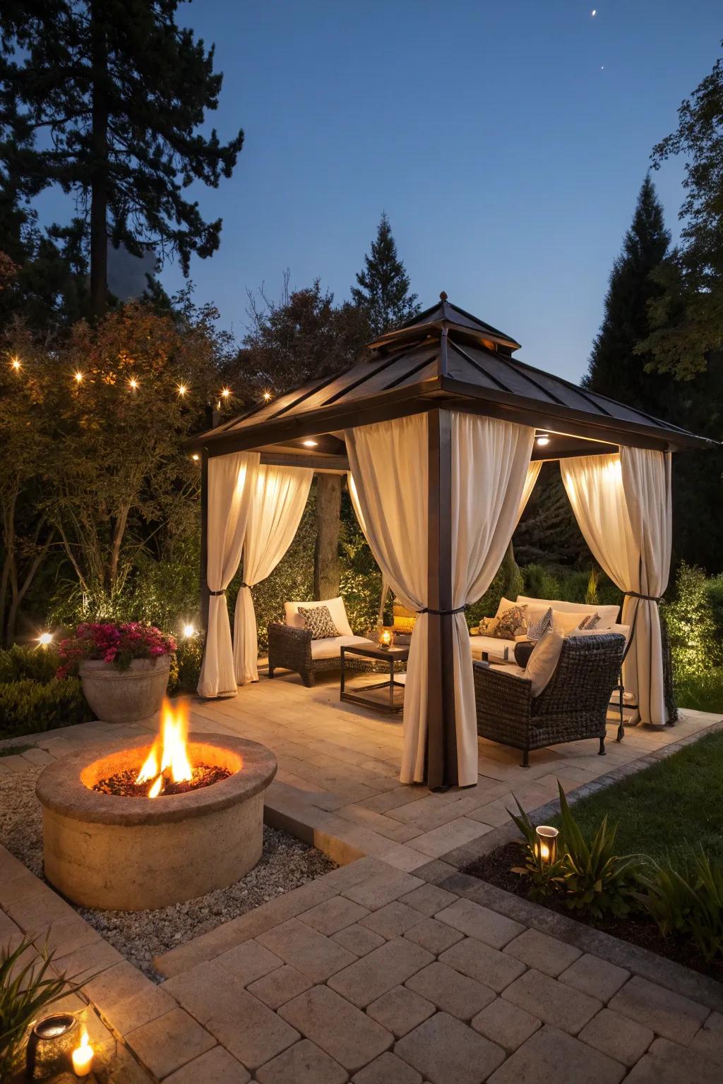 A welcoming cabana featuring a warm hearth lounge.