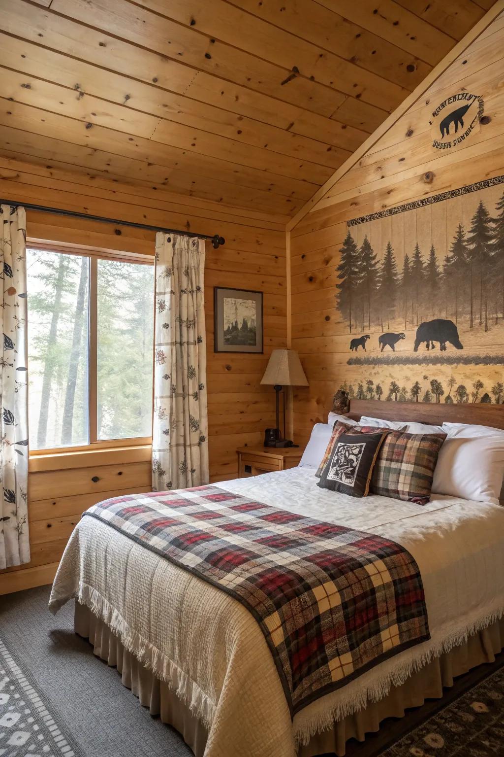 A cabin bedroom with nature-inspired decor and animal motifs.