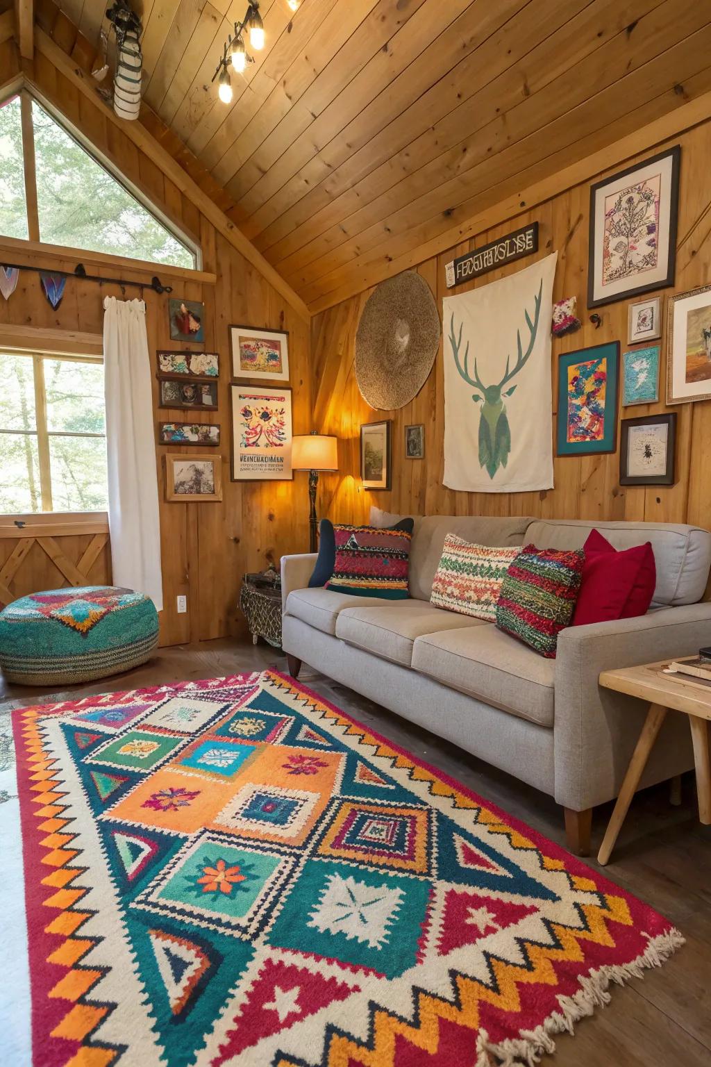 Diverse decor imparts warmth and personality to the cabin’s interior.