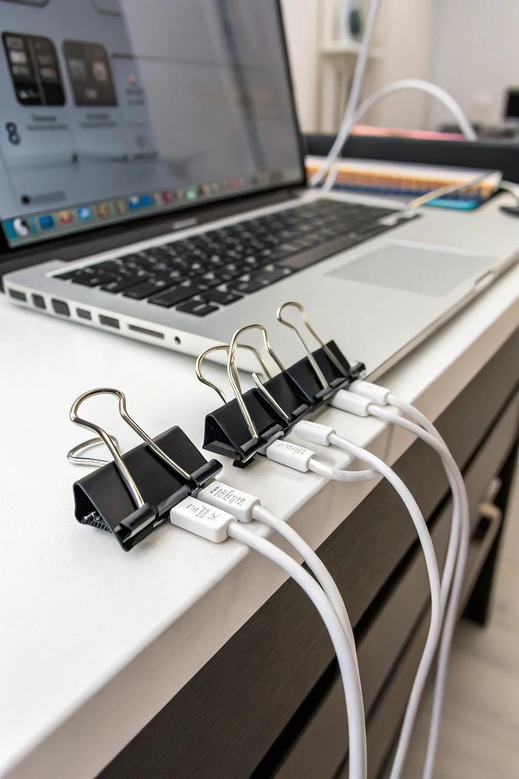 Retention clips upholding cable arrangement on a desk.