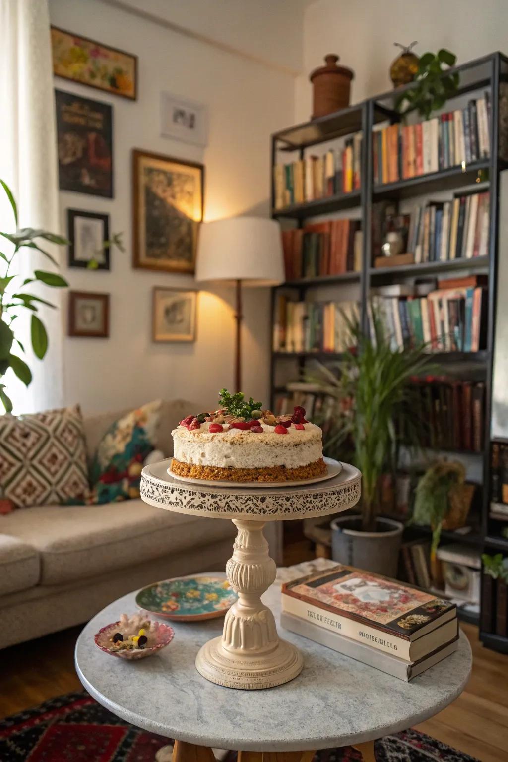 An eclectic cake stand presentation contributes depth and intrigue to your decor.