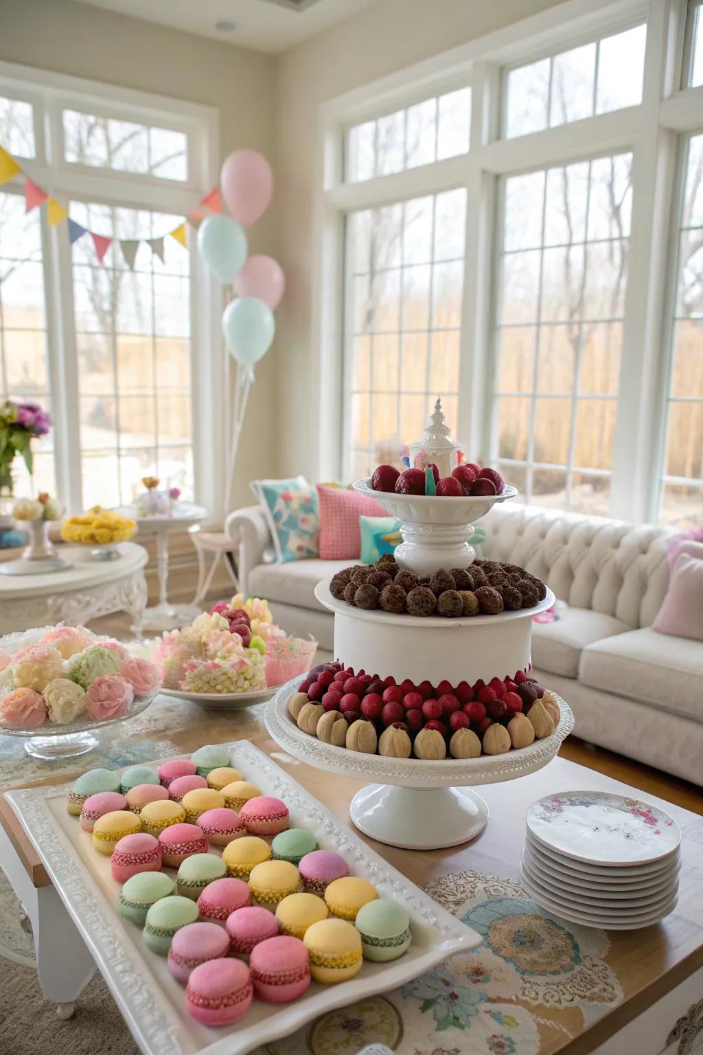 A cake display featuring a range of delightful treats, establishing a satisfying visual indulgence.