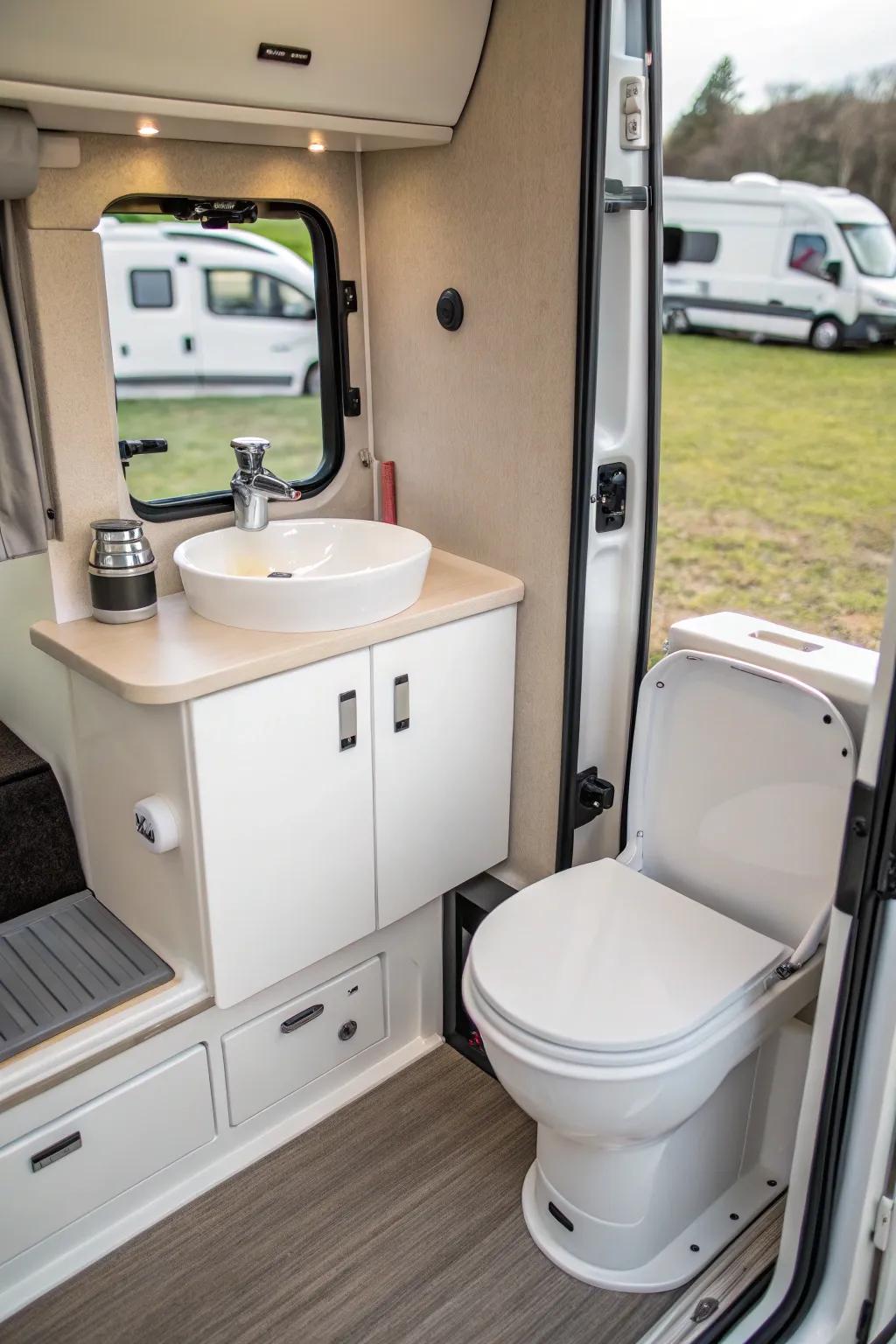 A streamlined and minimalist camper van bathroom design.